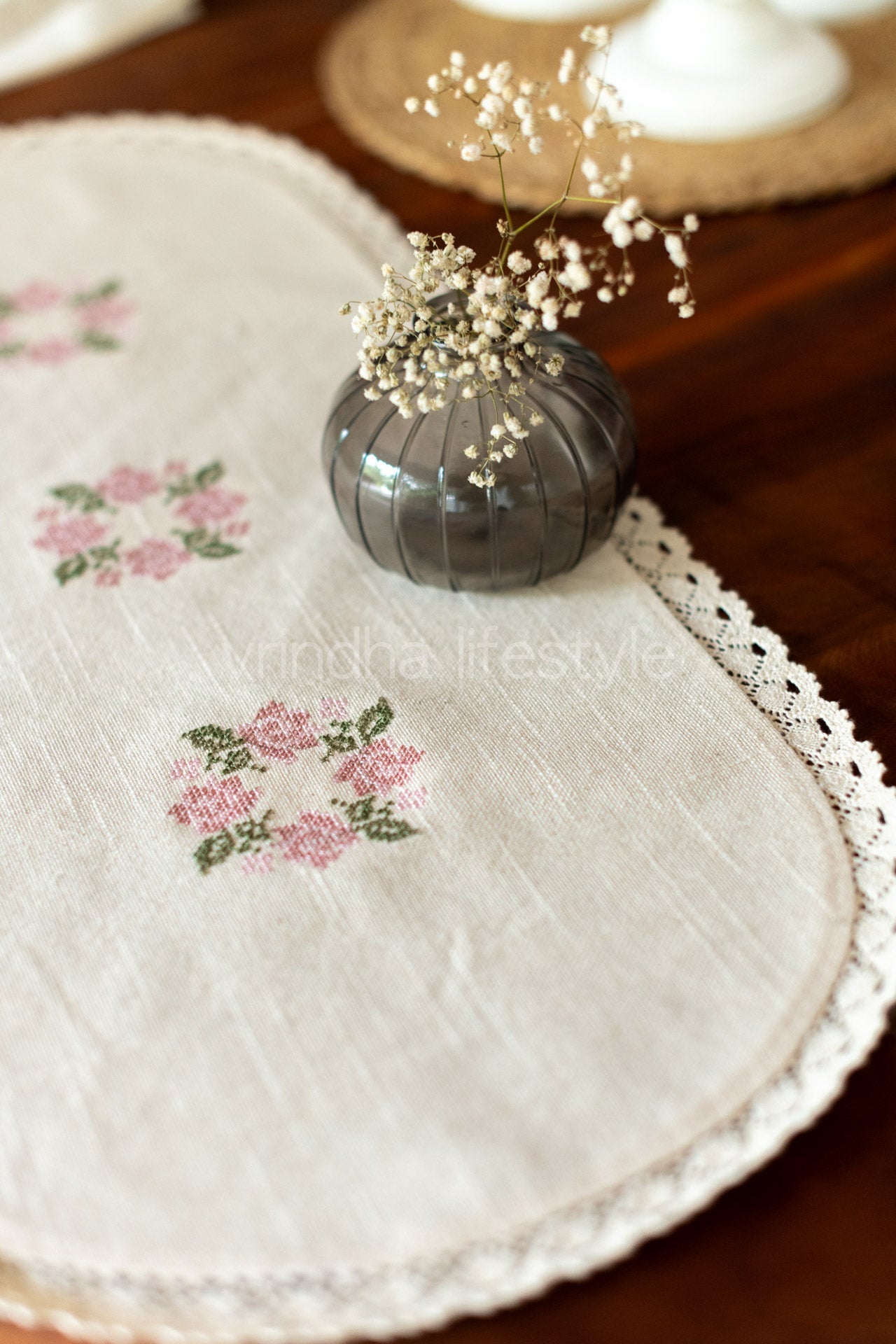 Coffee table runner with embroidery and lace detailing - 13x32inches-customisable