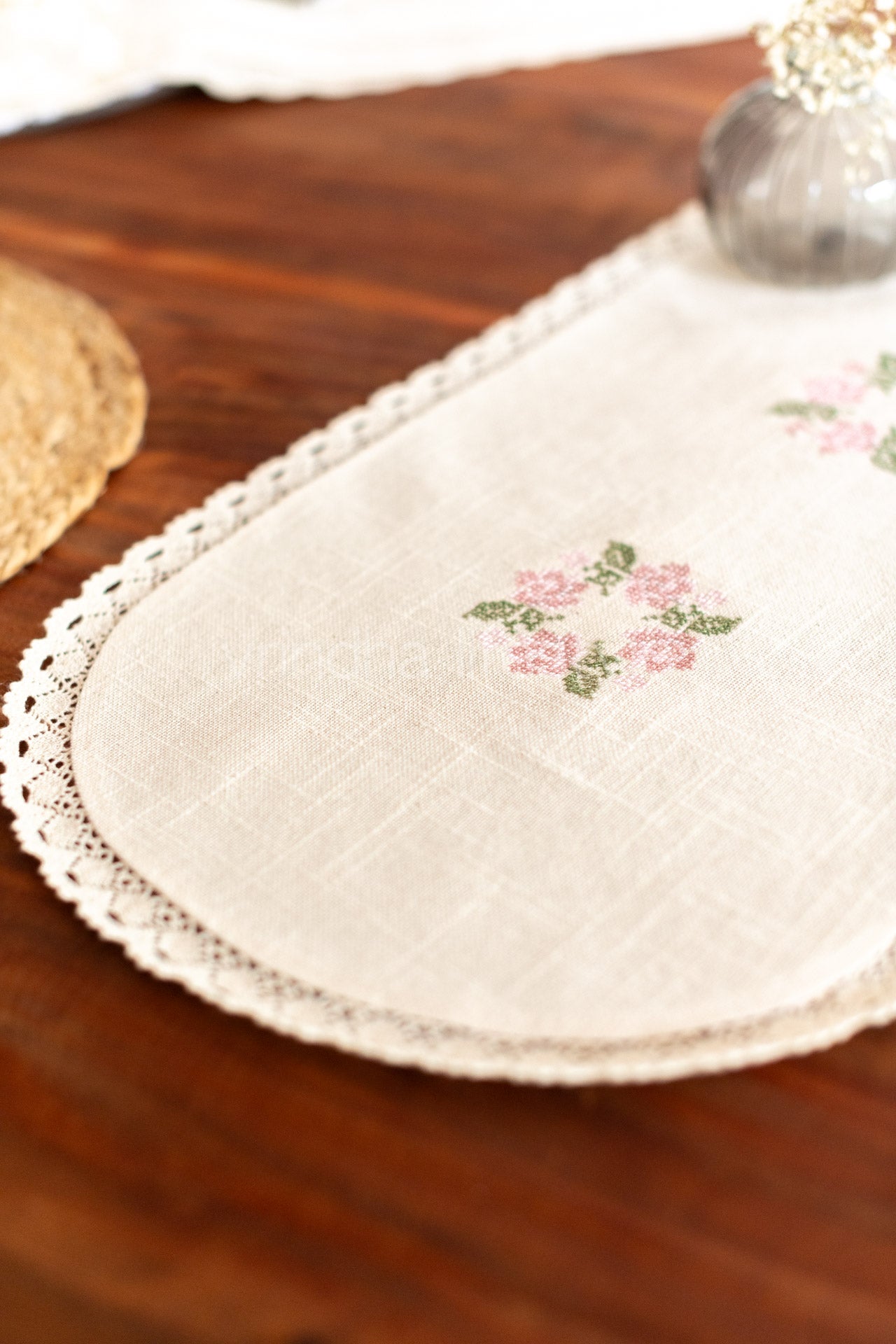 Coffee table runner with embroidery and lace detailing - 13x32inches-customisable