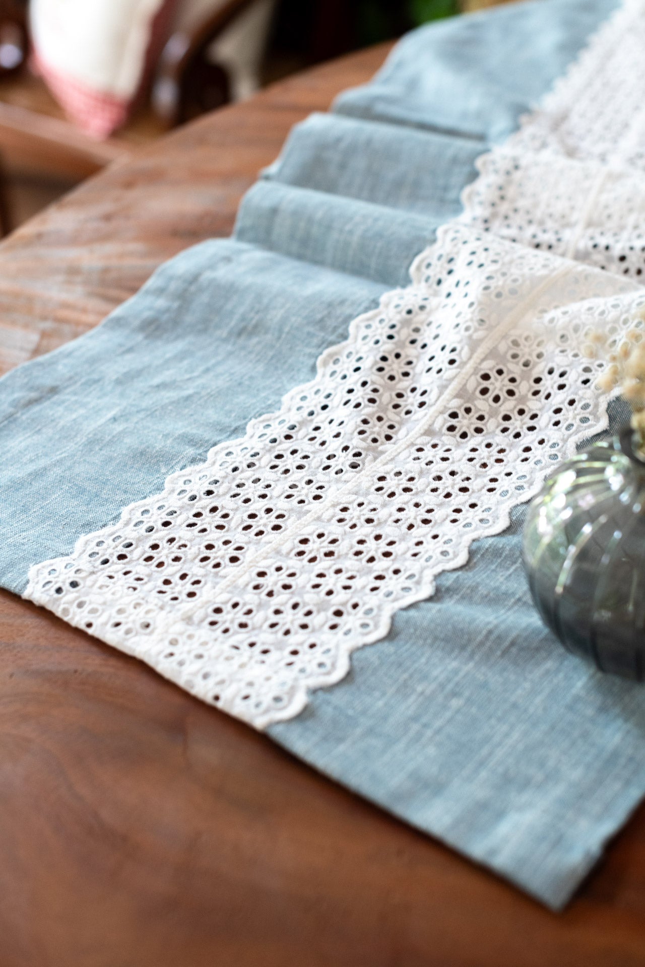 Cotton table runner with lace detailing-15x43- inches