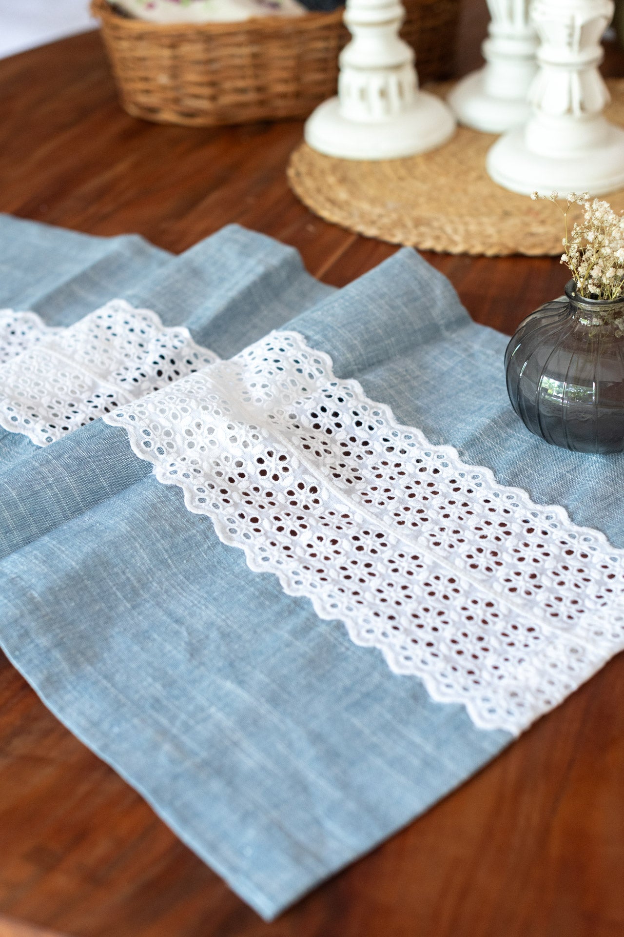 Cotton table runner with lace detailing-15x43- inches