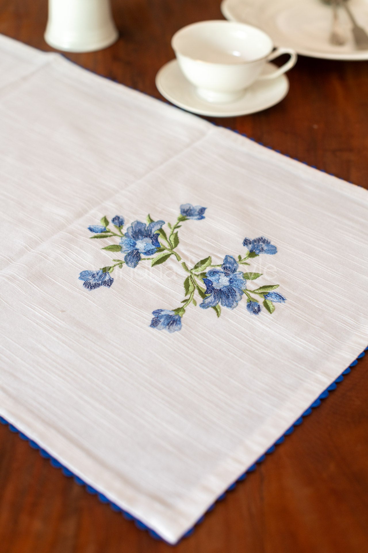 Cotton coffee table runner with embroidery and lace detailing -15x39 inches