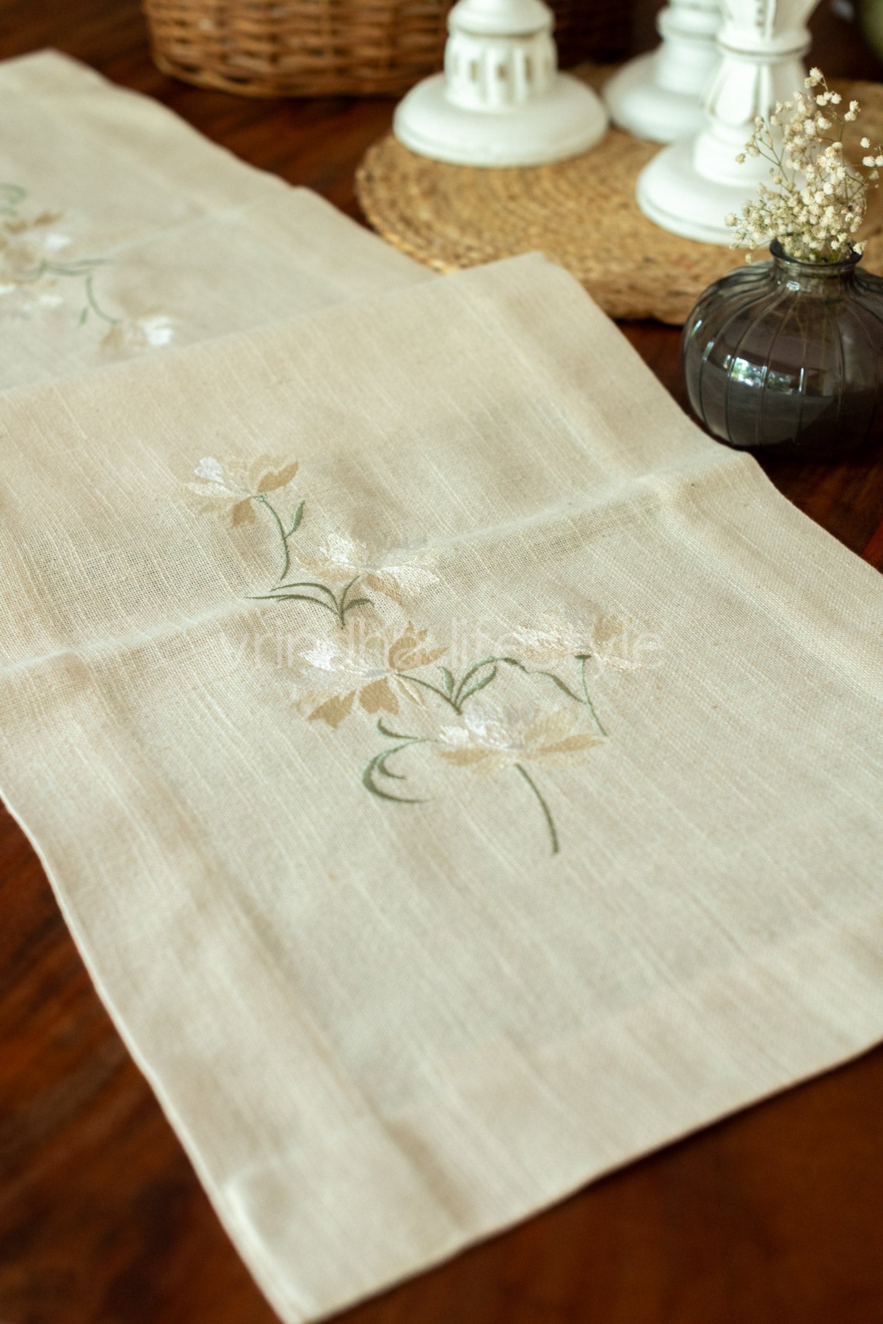 Cotton table runner with embroidery - 14x47 inches