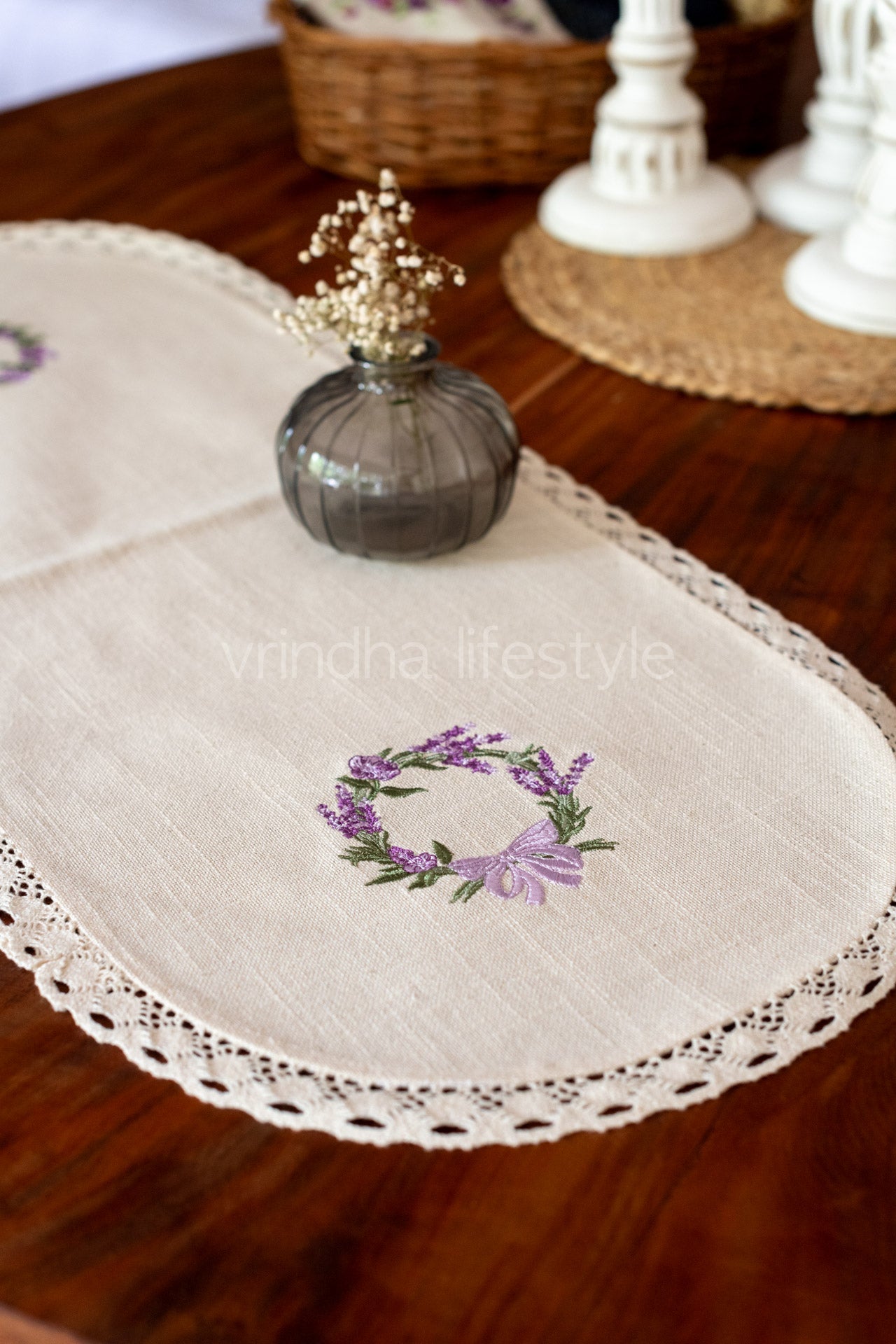 Coffee table runner with embroidery and lace detailing - 13x32inches-customisable