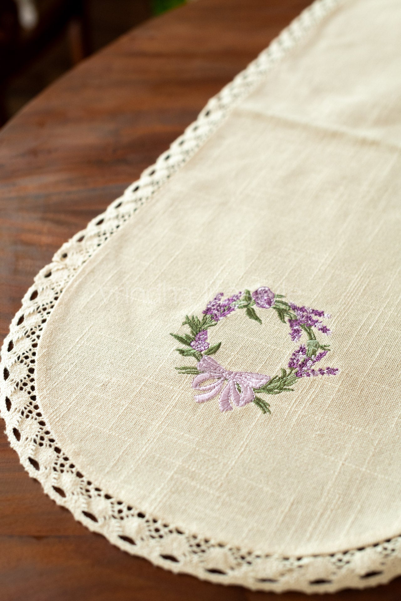 Coffee table runner with embroidery and lace detailing - 13x32inches-customisable
