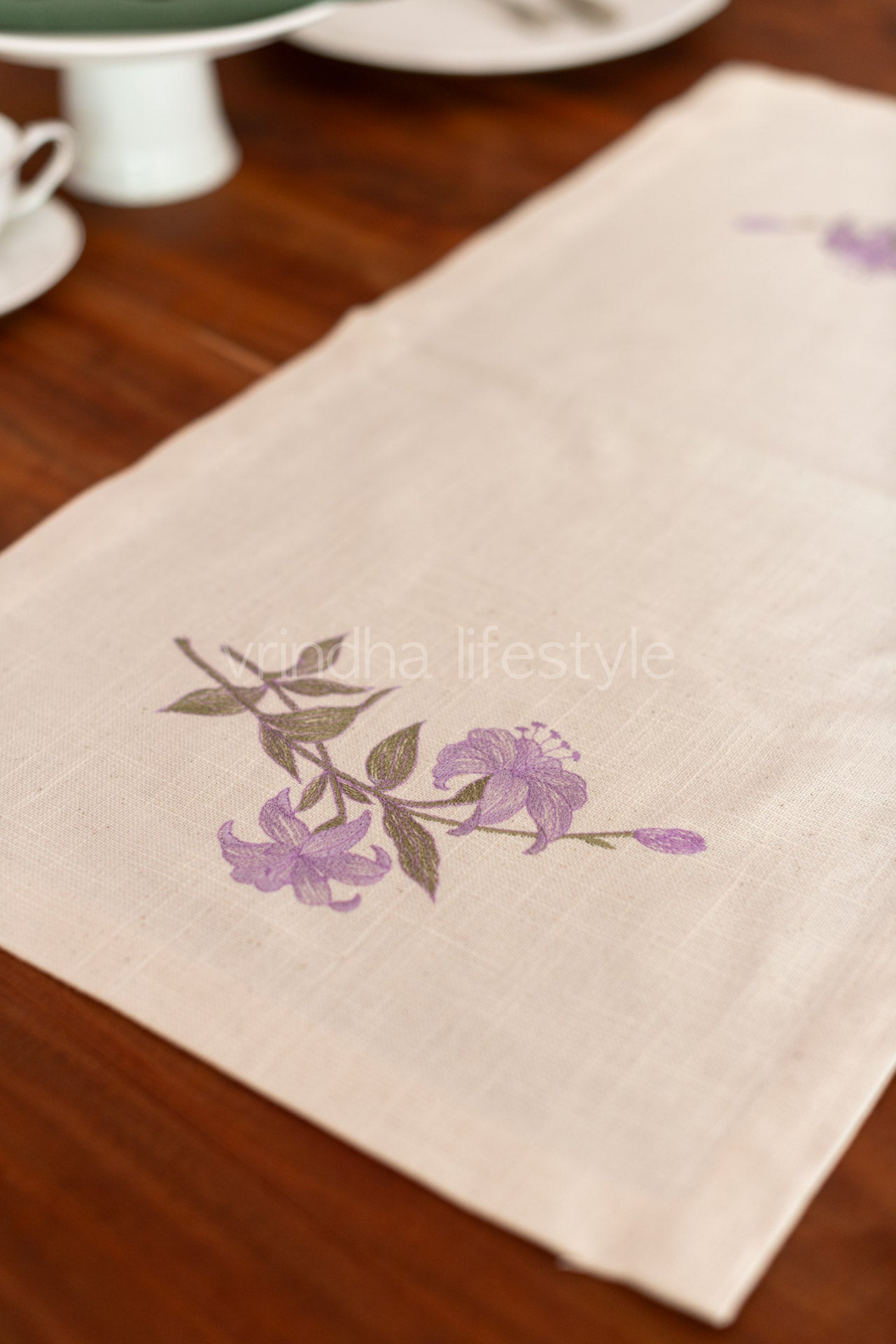 Cotton coffee table runner with embroidery -14.5x27 inches