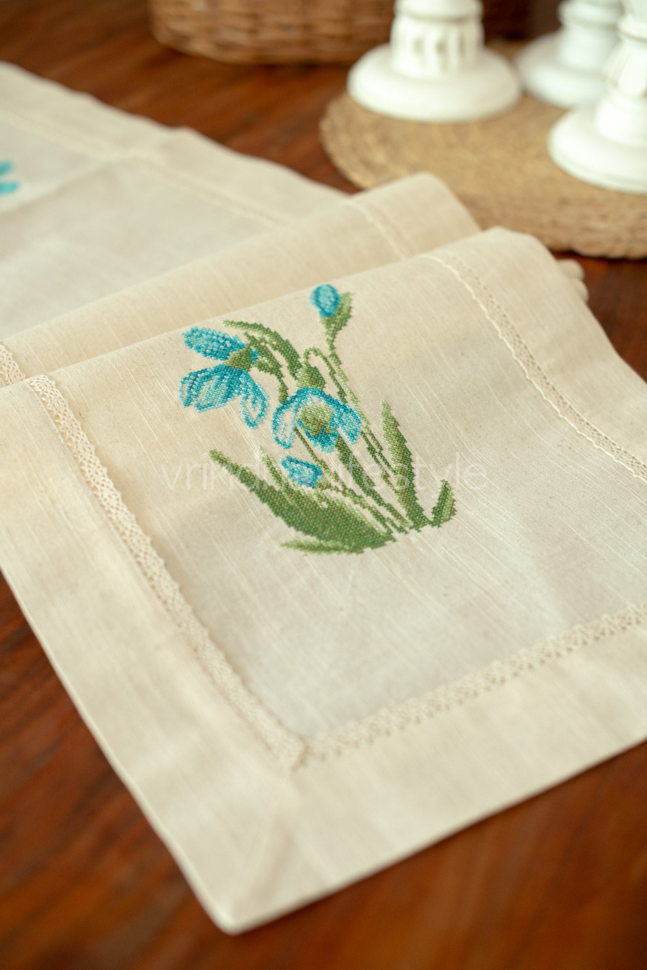 Cotton table runner with cross stitch embroidery and lace detailing -4 seater -14x57inches-customisable