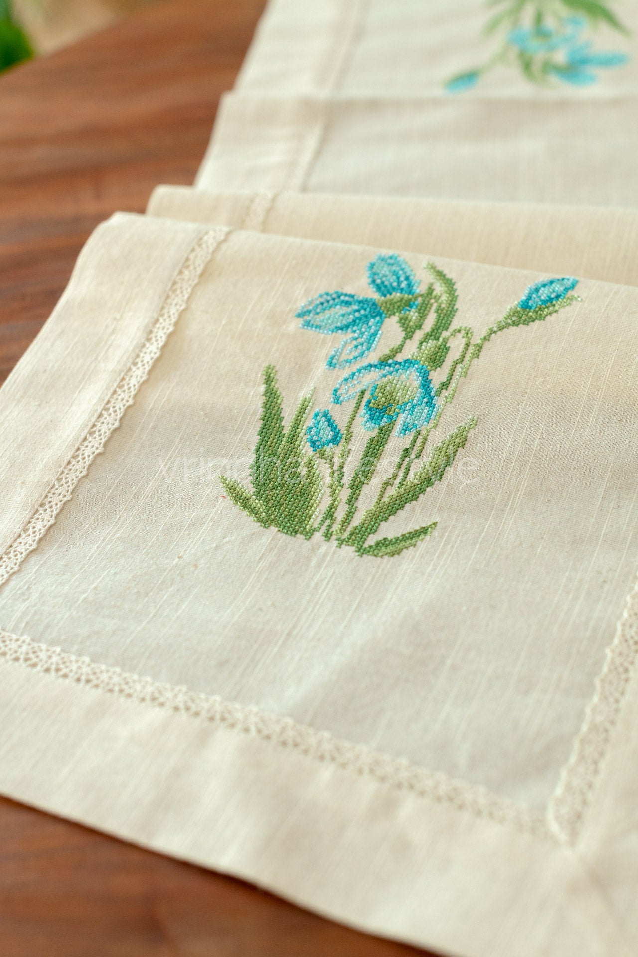 Cotton table runner with cross stitch embroidery and lace detailing -4 seater -14x57inches-customisable