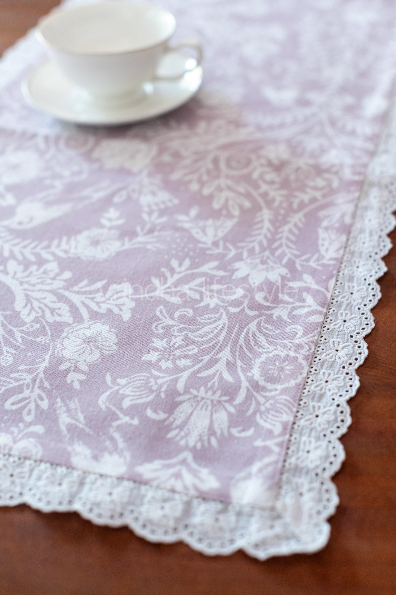 Printed cotton table runner with lace detailing-13x50 - inches