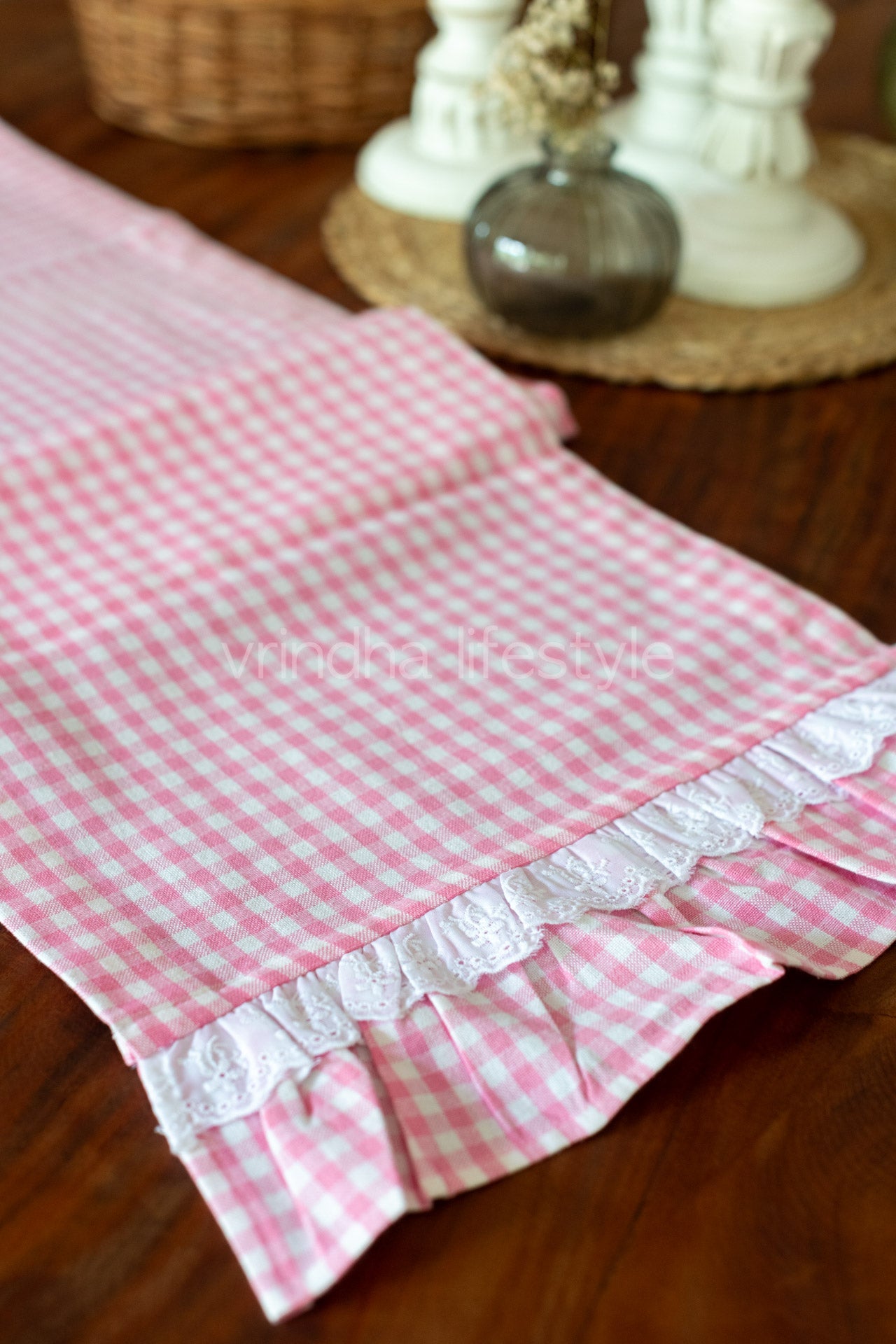 Cotton table runner with frill-Gingham fabric with lace detailing