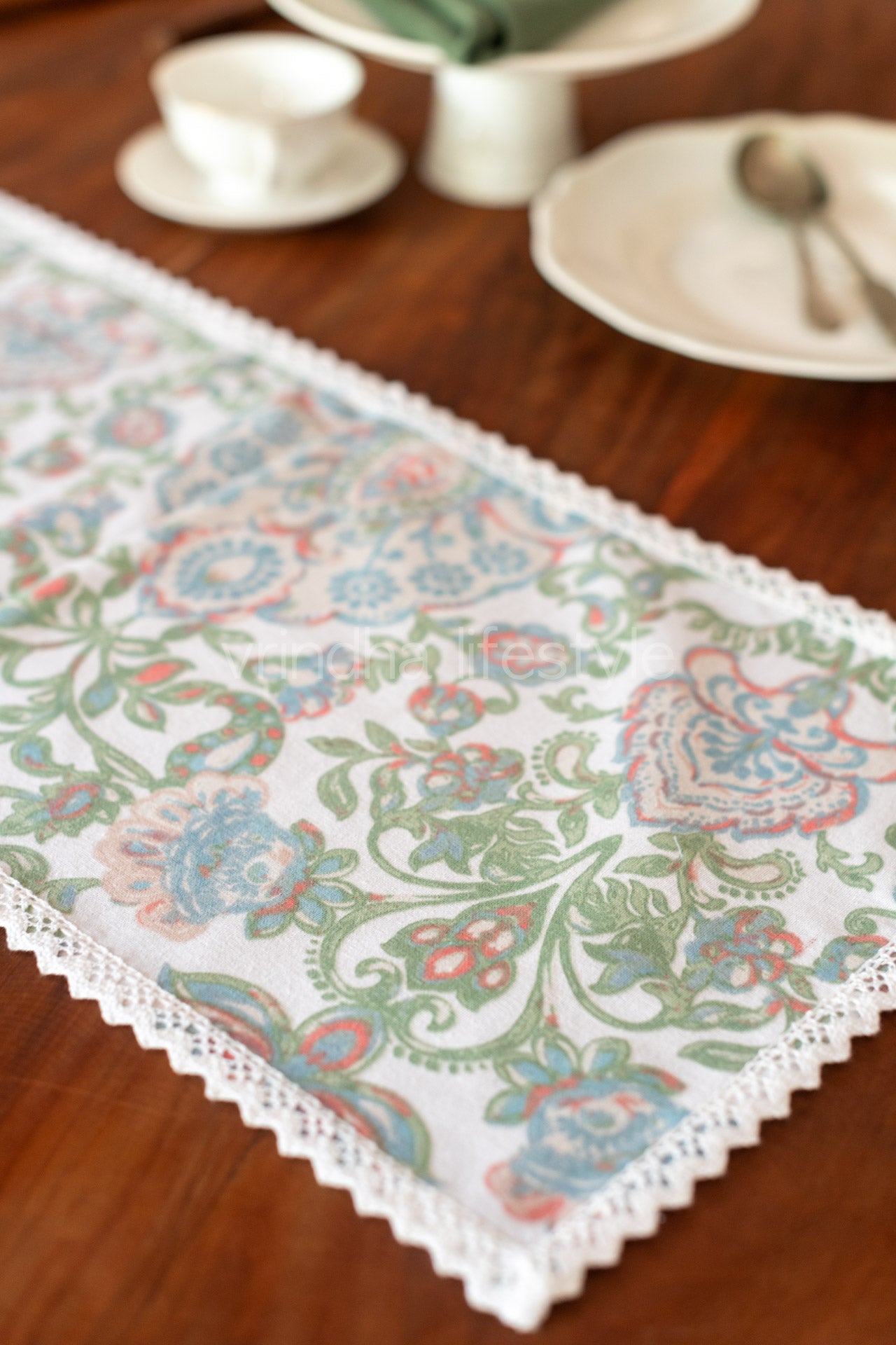 Printed cotton table runner with lace detailing-12x56 - inches