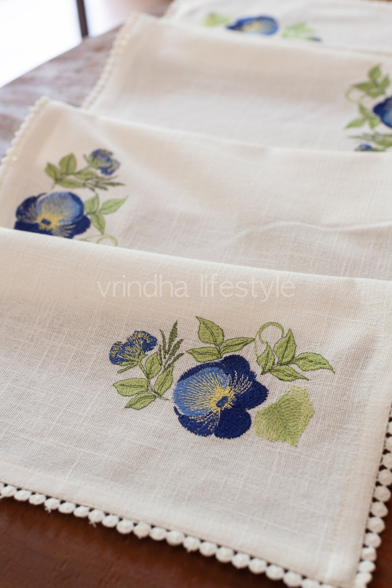 Cotton table runner with embroidery and lace detailing -12x44 inches