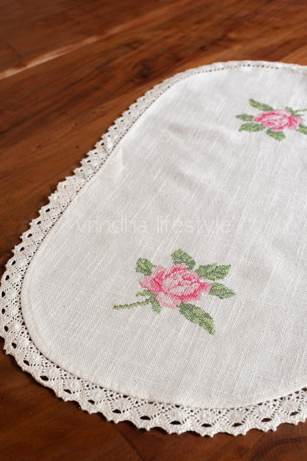 Cotton table runner with cross stitch embroidery and lace detailing -customisable
