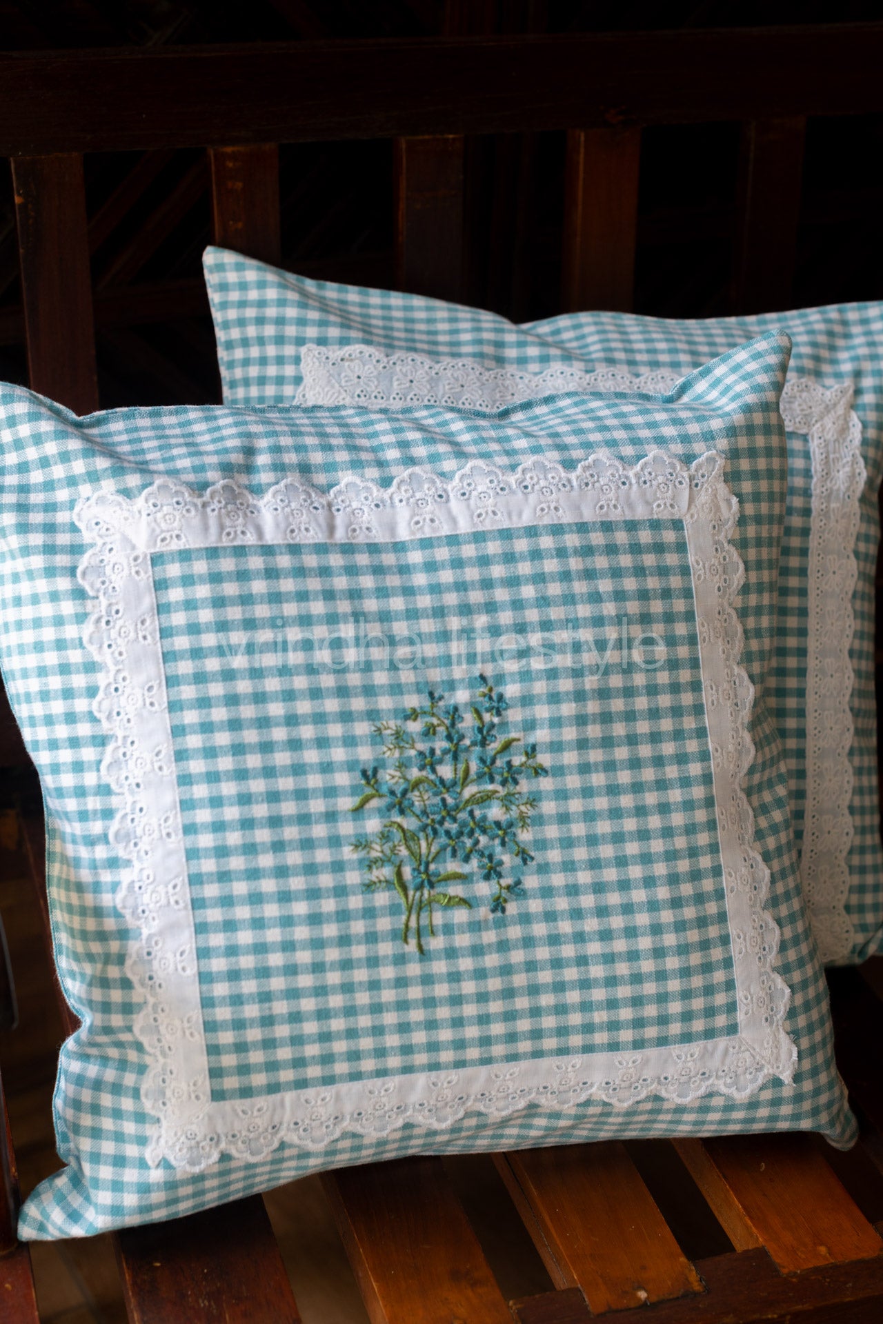 Cotton cushion cover with embroidery and lace detailing -Single unit- 16x16 inches( Customisable)