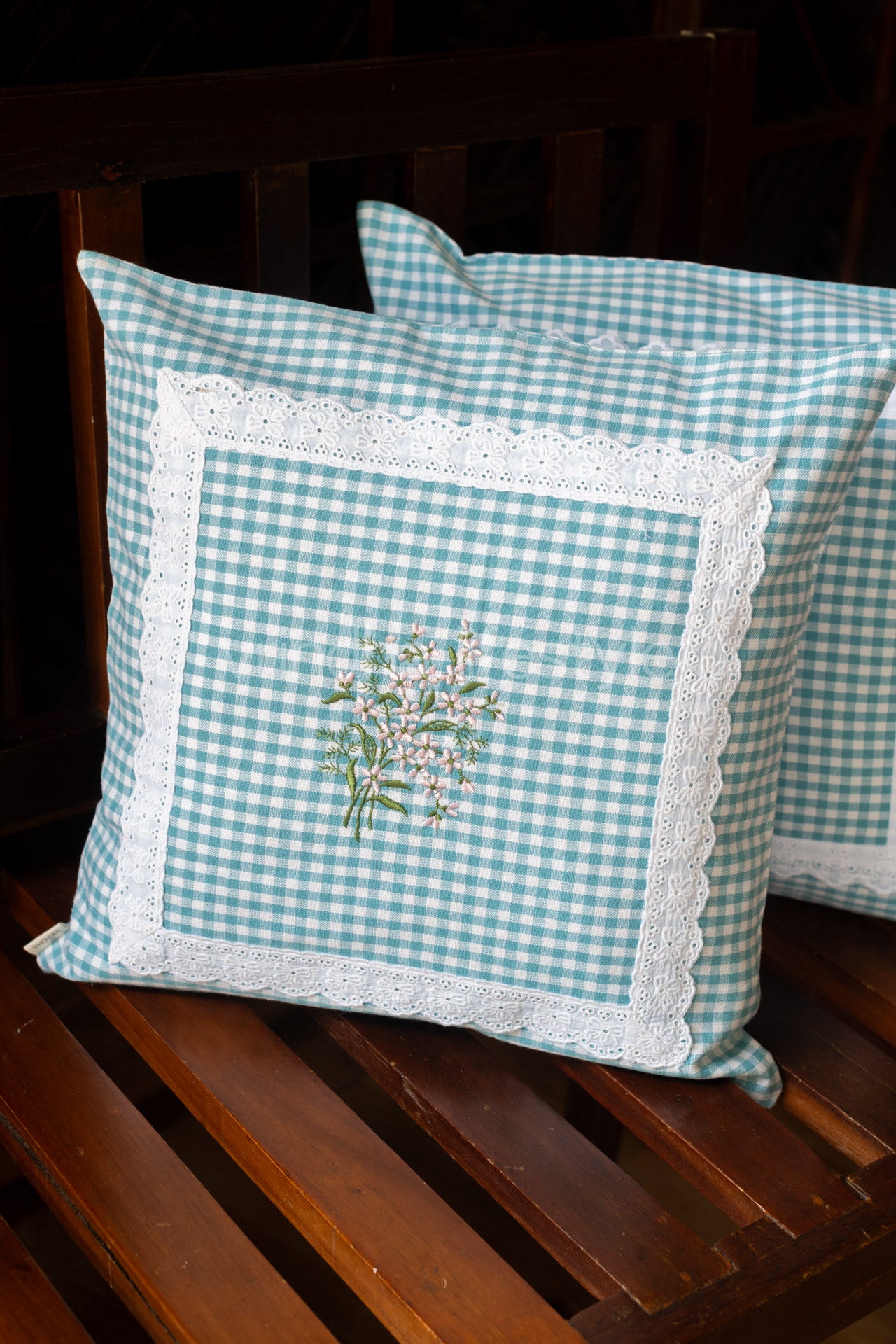 Cotton cushion cover with embroidery and lace detailing -Single unit- 16x16 inches( Customisable)
