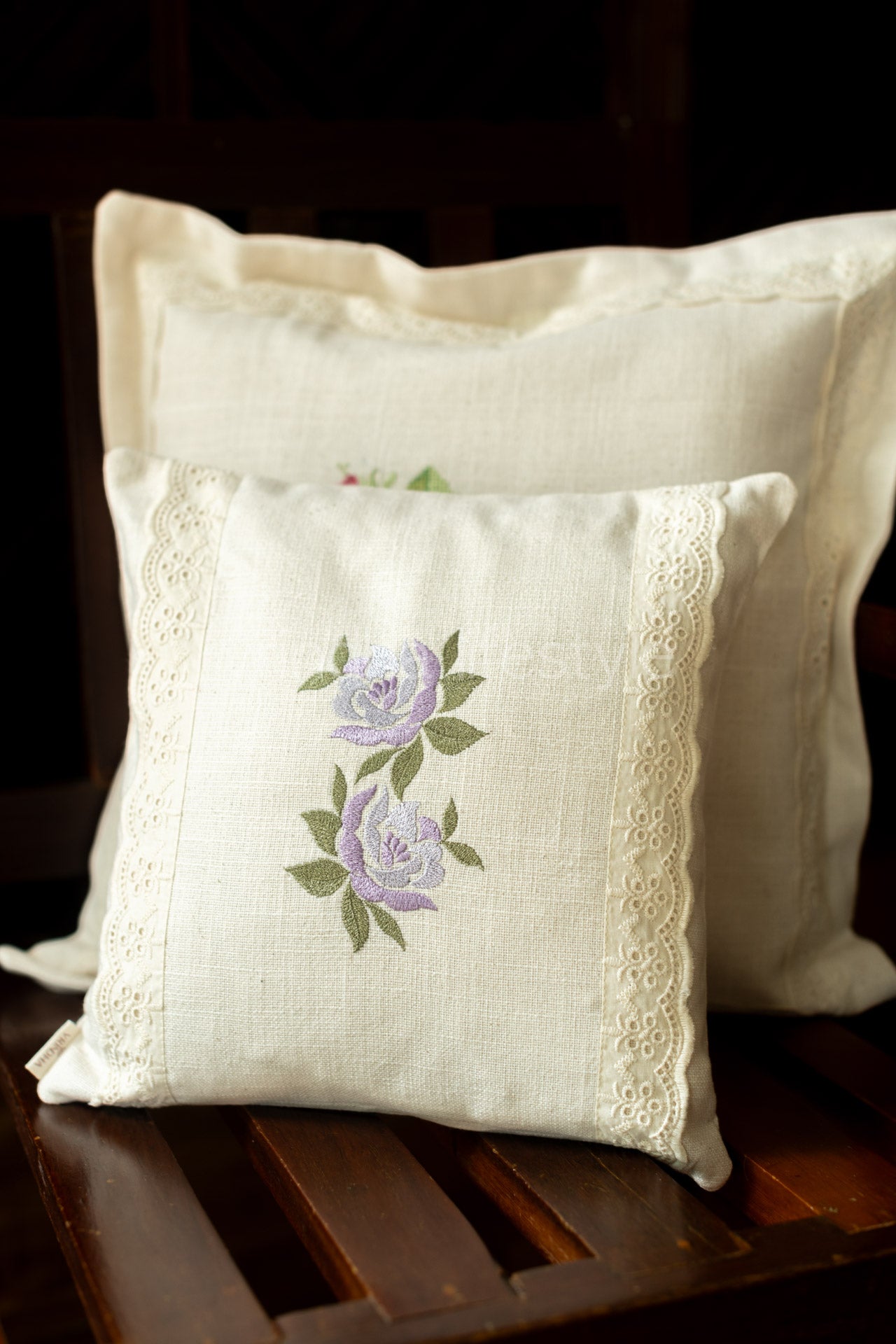 cotton cushion cover with embroidery and lace detailing -Single unit- 12x12 inches( Customisable)