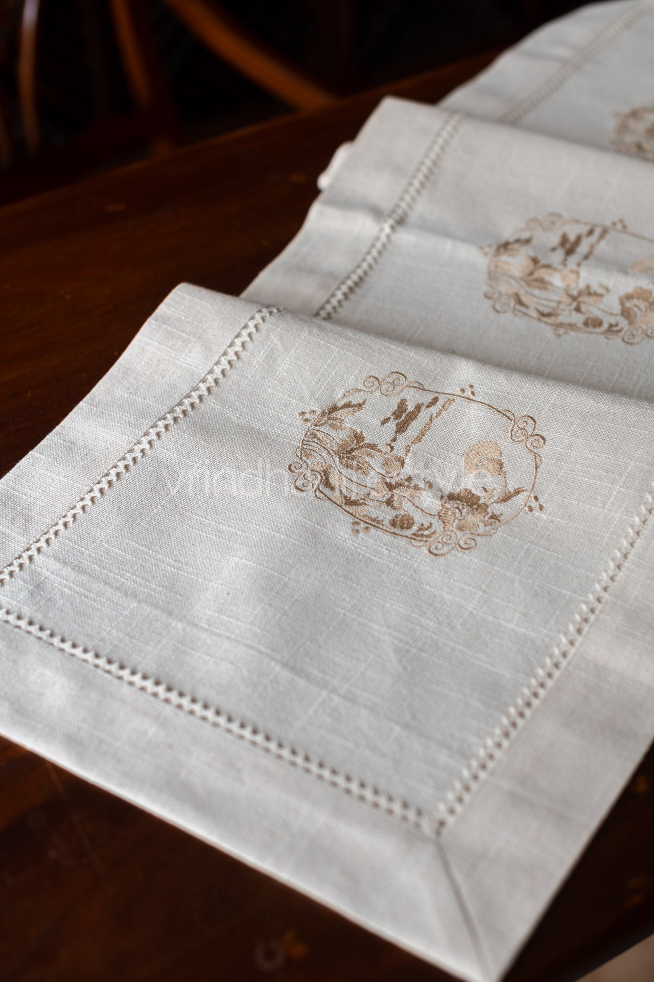 Cotton table runner with embroidery and lace detaililng - 14x54 inches