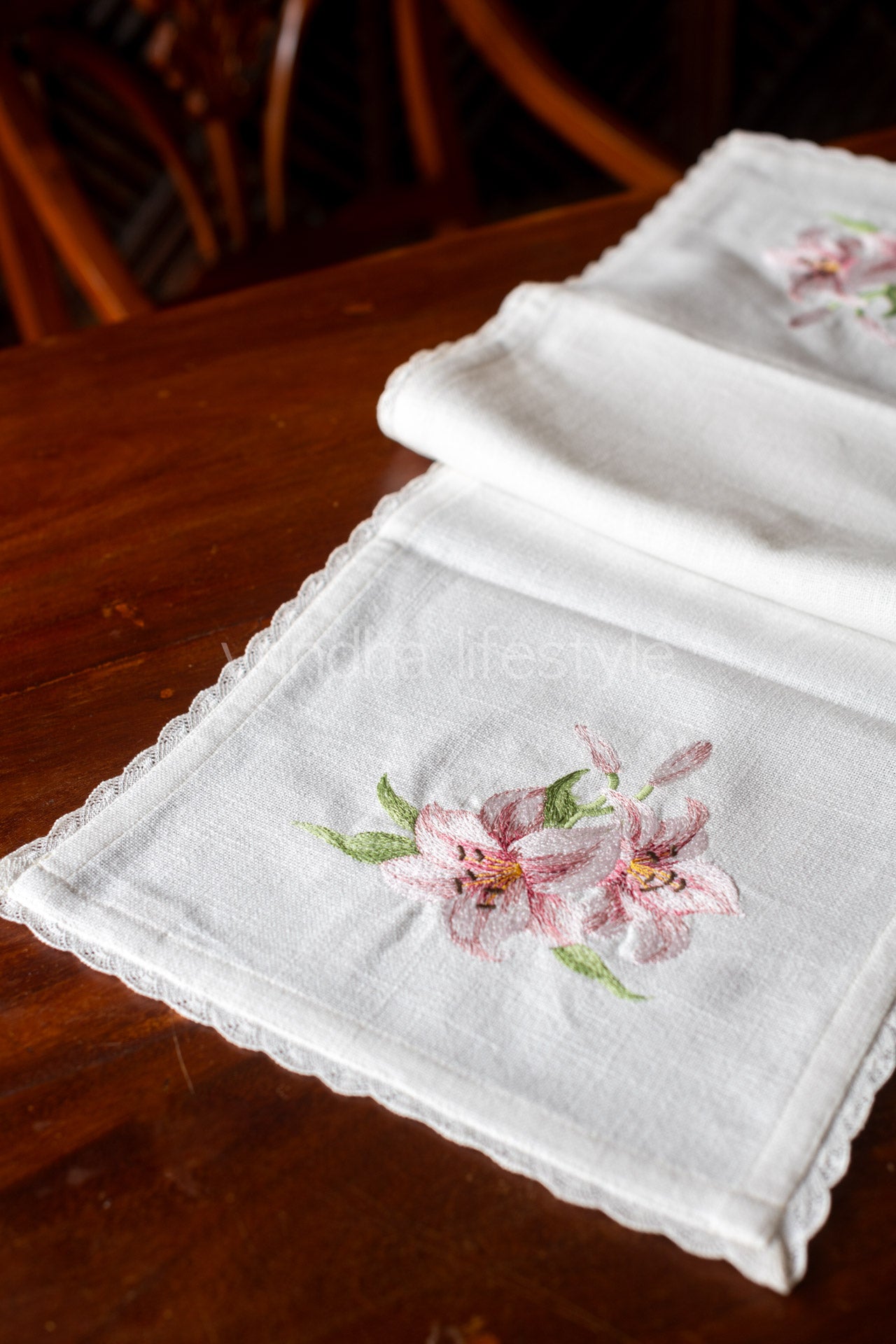 Cotton table runner with embroidery and lace detailing -12x40 inches-coffee table runner