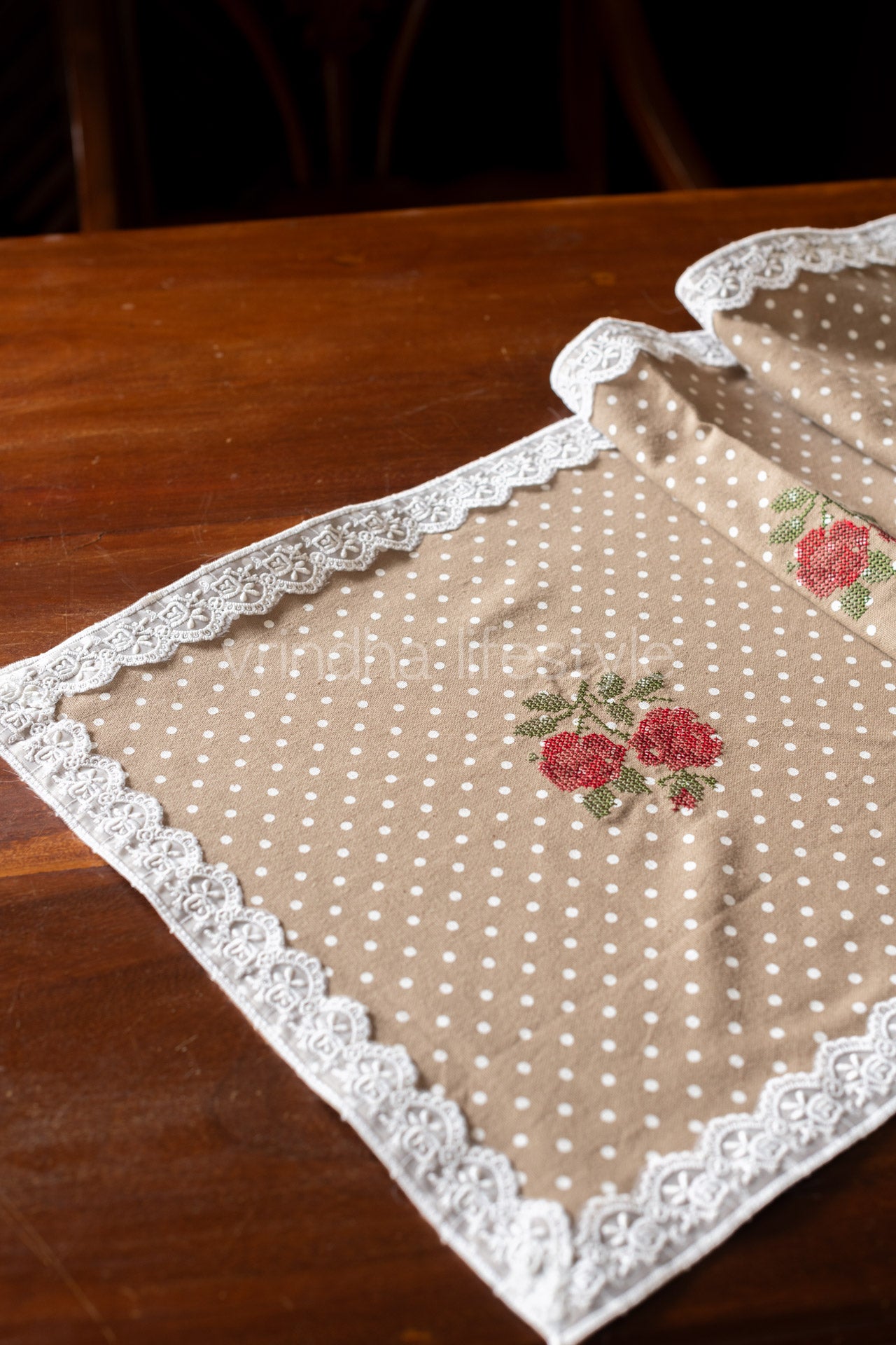 Polka dot cotton table runner with cross stitch embroidery and lace detailing -4 seater -13.5x62 inches