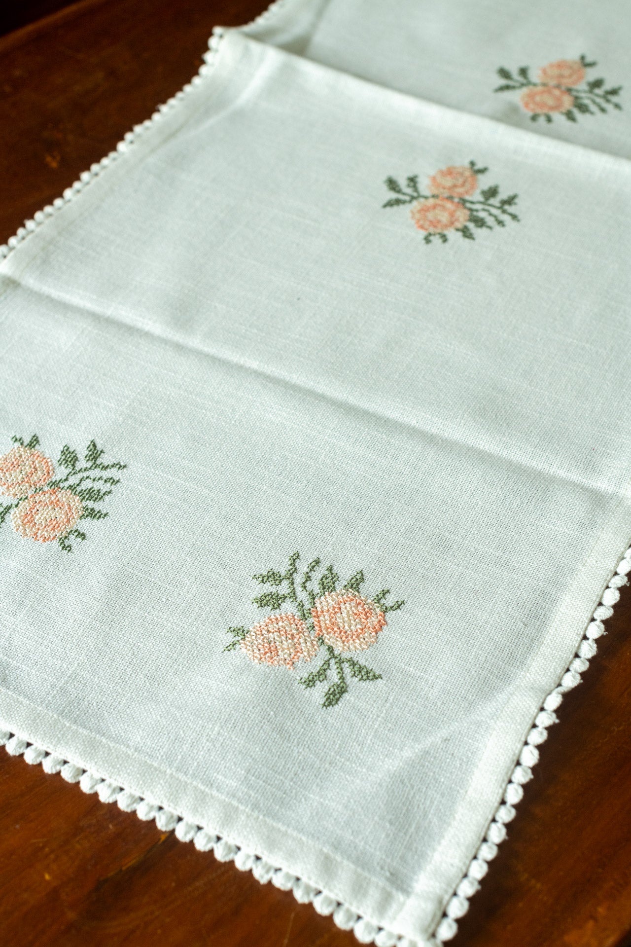 Cotton table runner with cross stitch embroidery and lace detailing -4 seater -14x48 inches