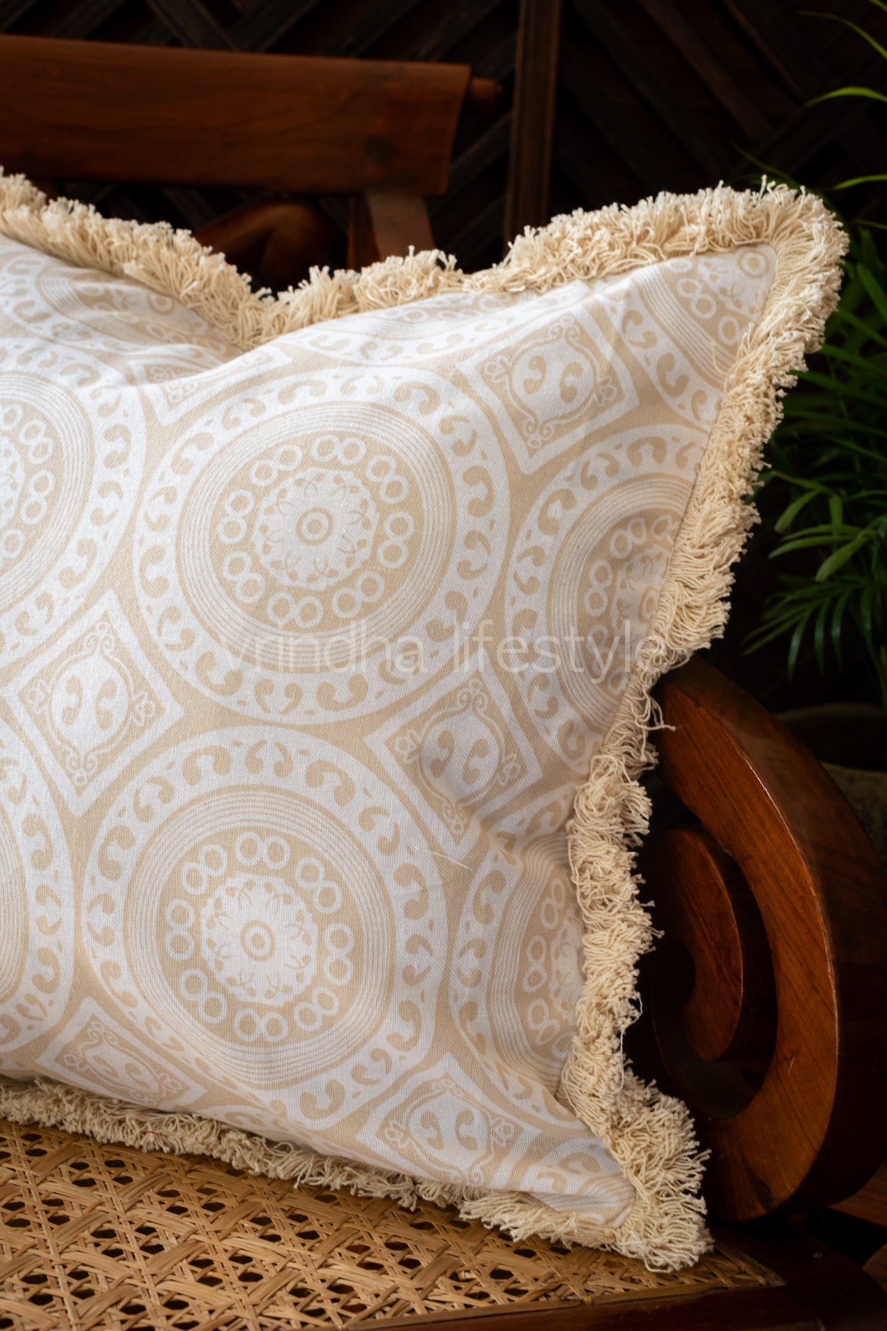 PRINTED COTTON CUSHION COVER with fringe -Single unit