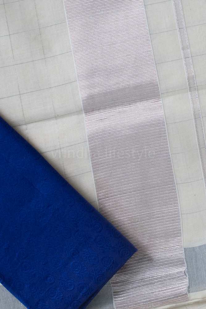 KERALA KASAVU SAREE-Silver checks