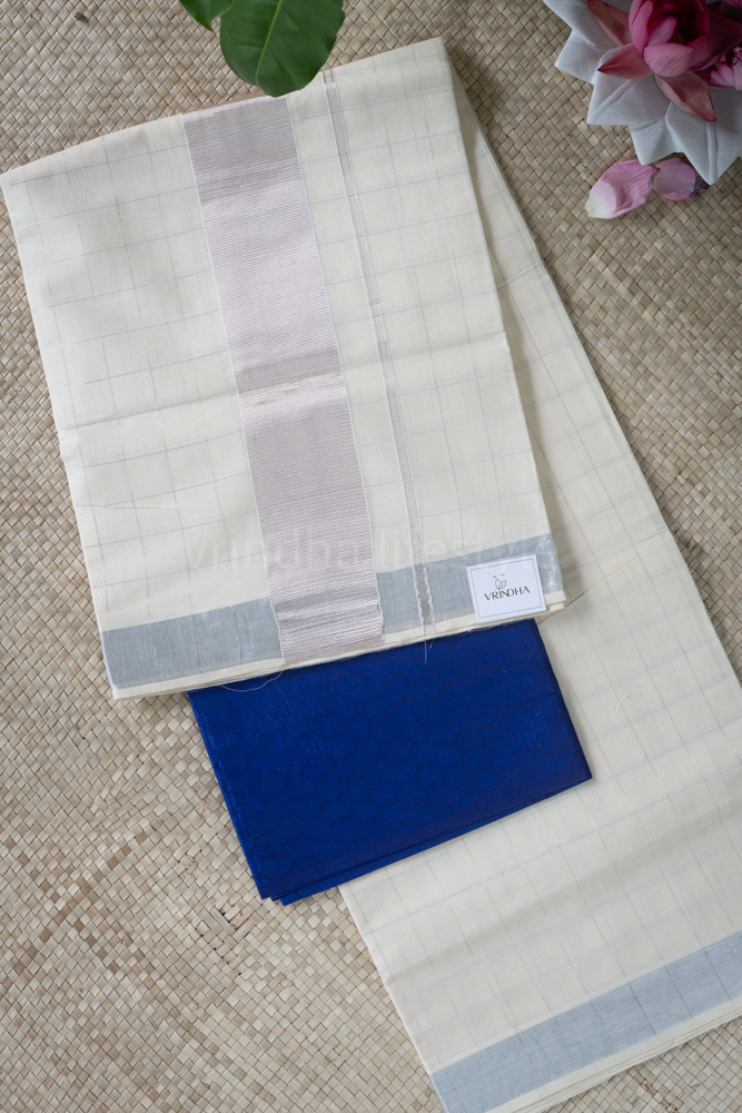 KERALA KASAVU SAREE-Silver checks
