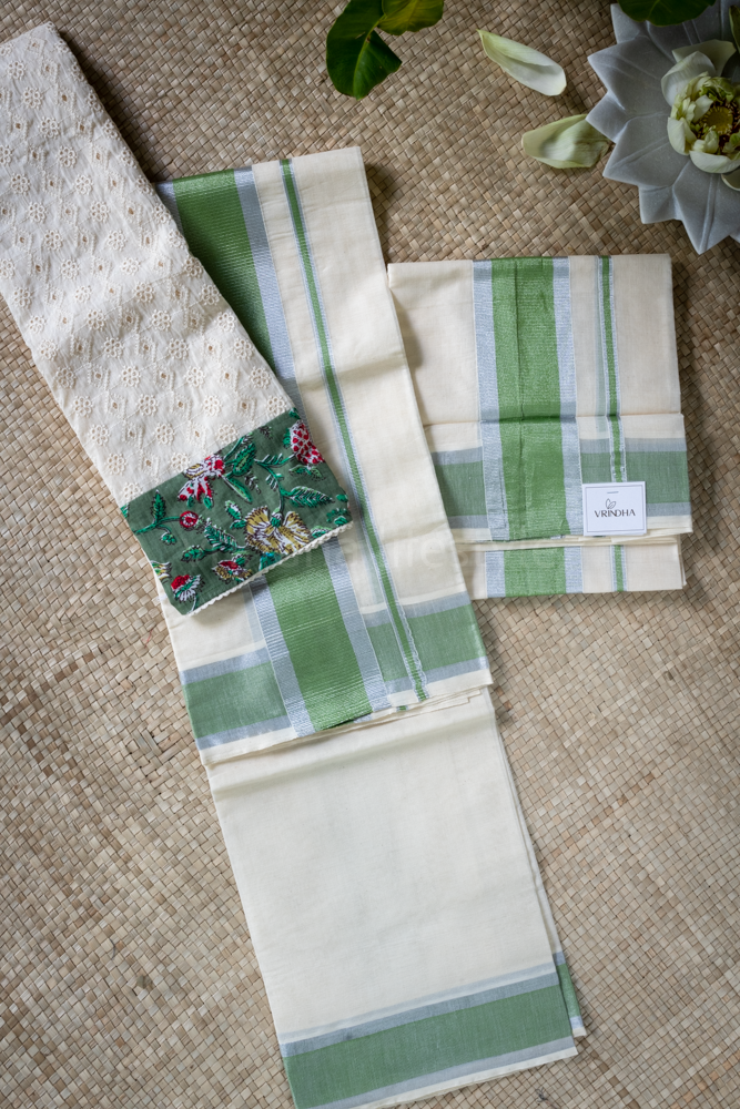 KERALA SET MUNDU-mettalic green/ silver