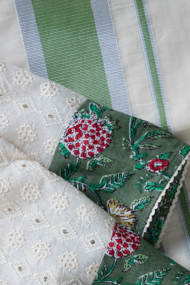 KERALA SET MUNDU-mettalic green/ silver