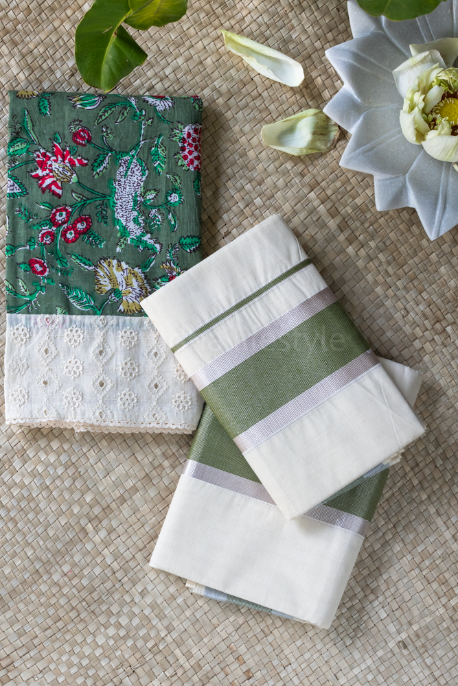 KERALA SET MUNDU -Metallic green/silver