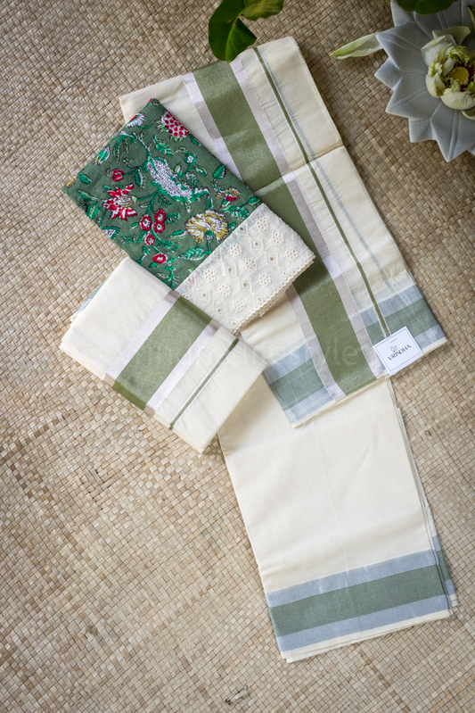 KERALA SET MUNDU -Metallic green/silver