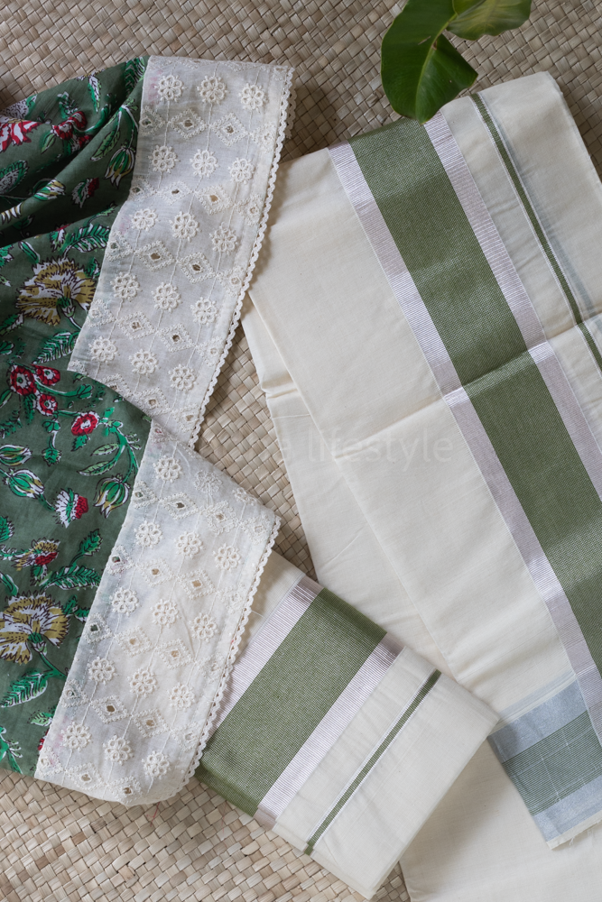 KERALA SET MUNDU -Metallic green/silver