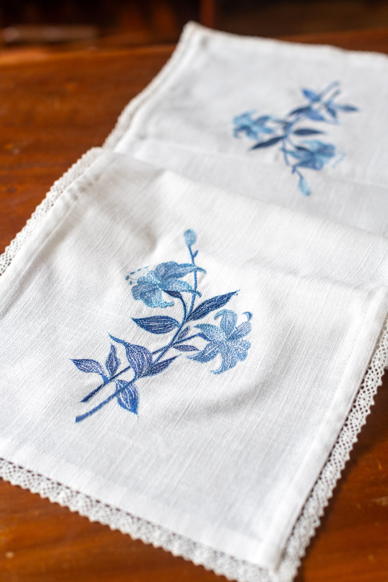 Cotton coffee table runner with embroidery and lace detailing -12x36 inches