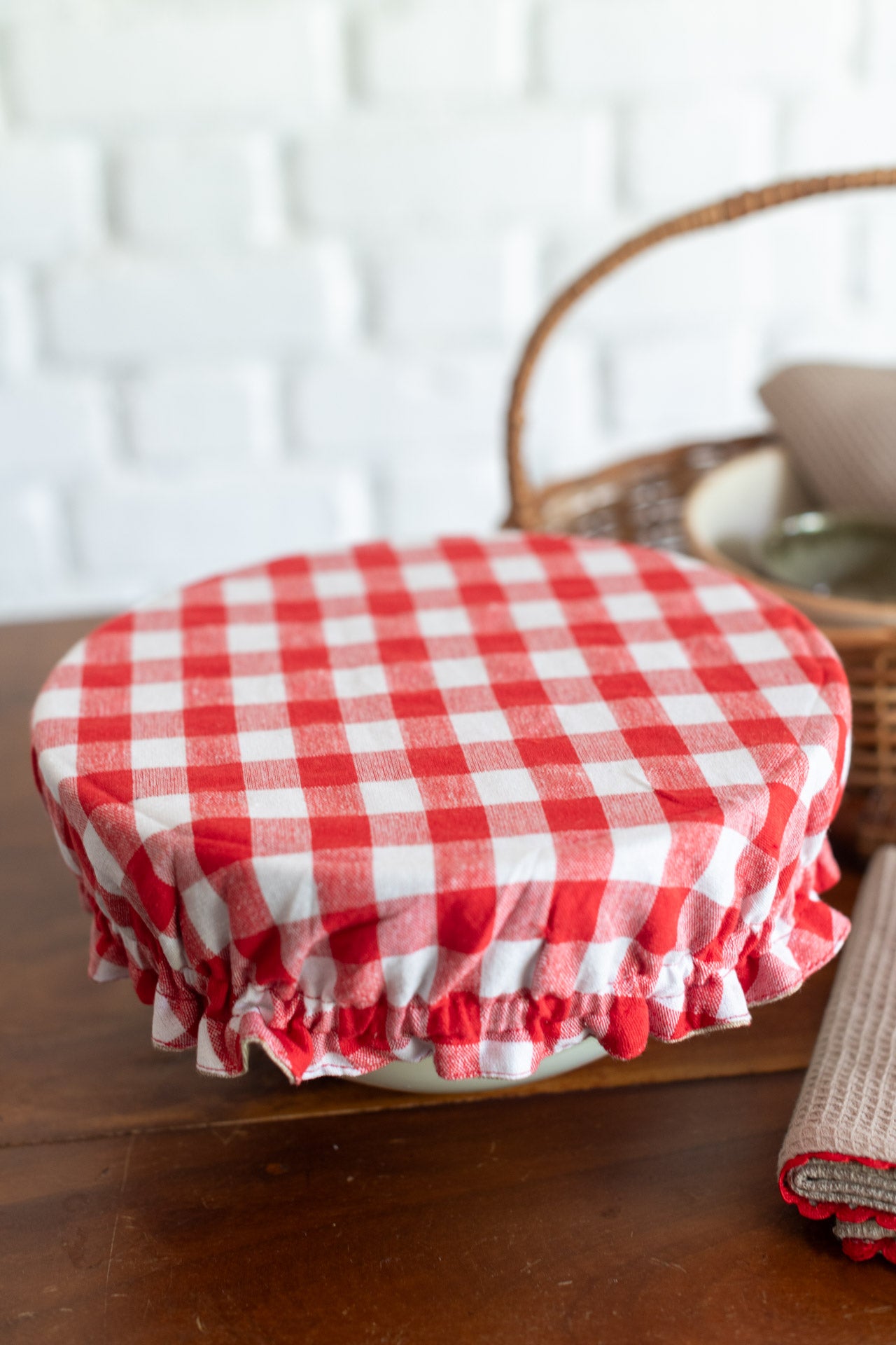 Fabric bowl cover with embroidered kitchen towel-Set of 2