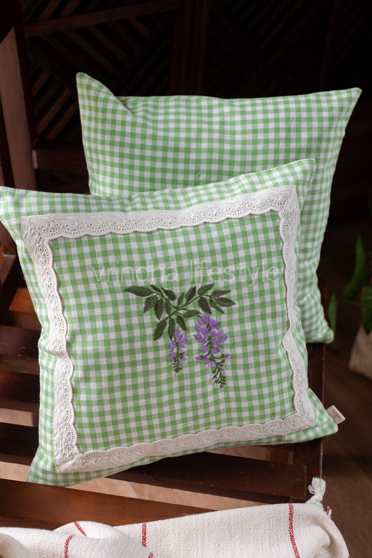 Cotton cushion cover with embroidery and lace detailing -Single unit- 16x16 inches( Customisable)