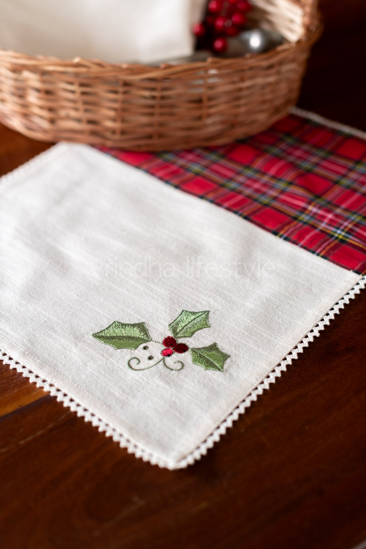 Cotton tray mat with embroidery and lace detailing--single unit- customisable