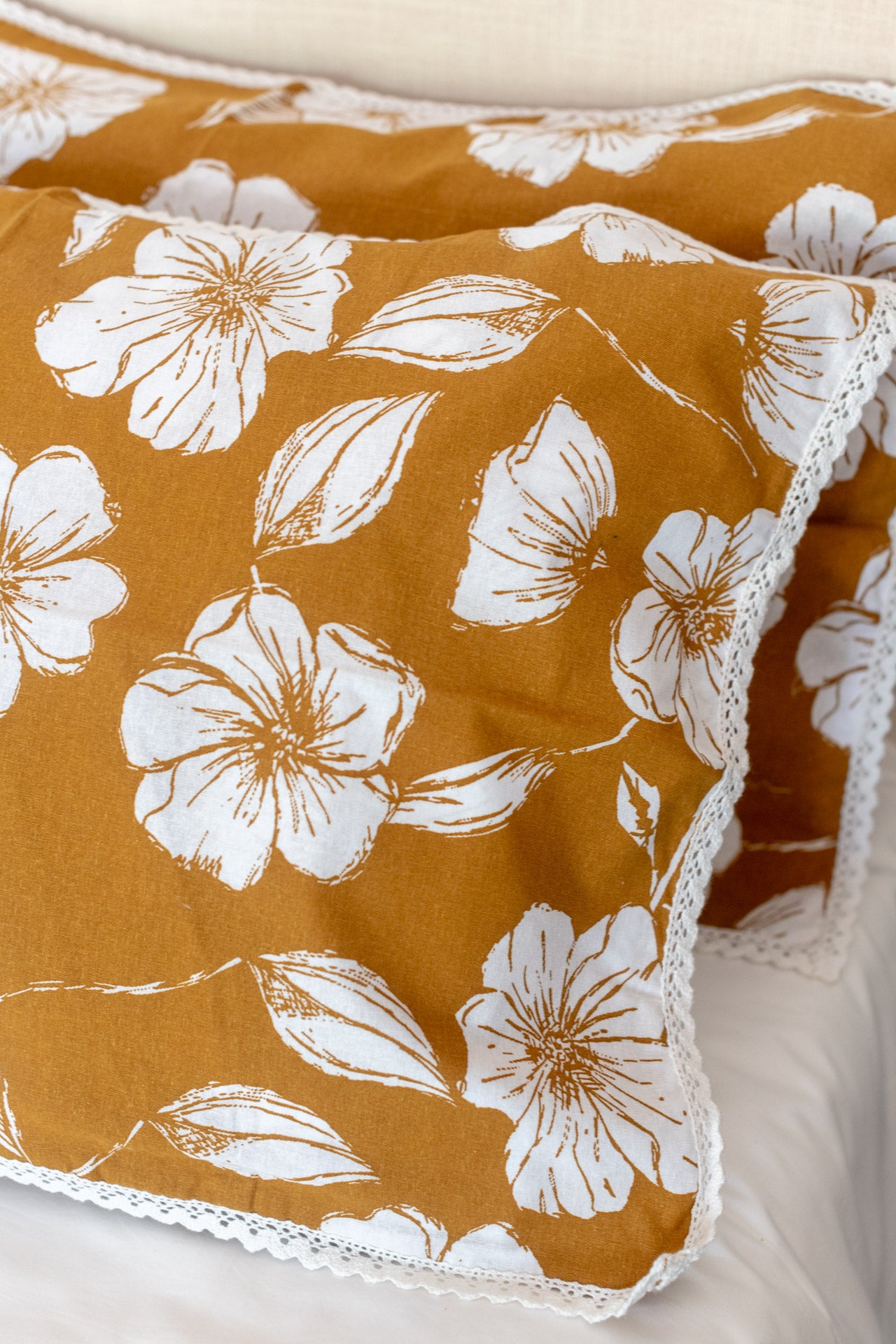 Printed cotton pillow cover with lace detailing-set of 2