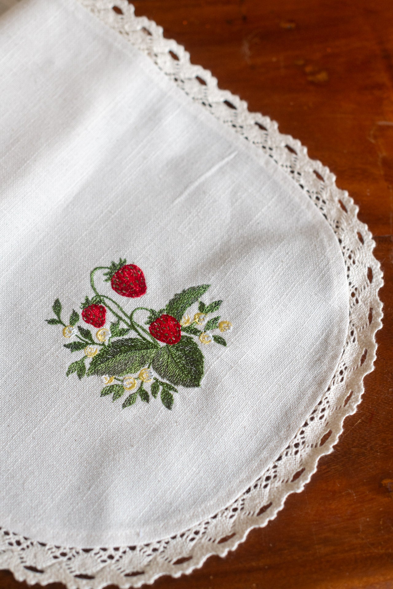 Cotton table runner with embroidery and lace detailing -customisable