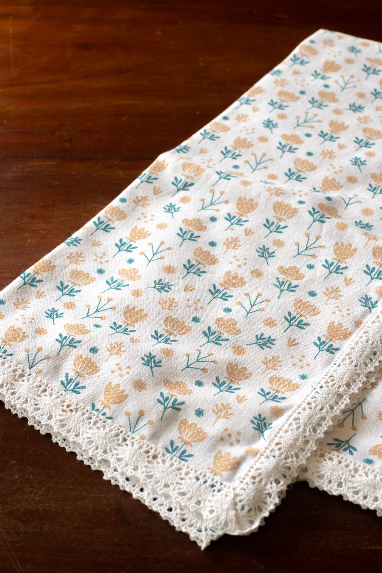 Cotton printed coffee table cover with lace detailing 36x36 inches