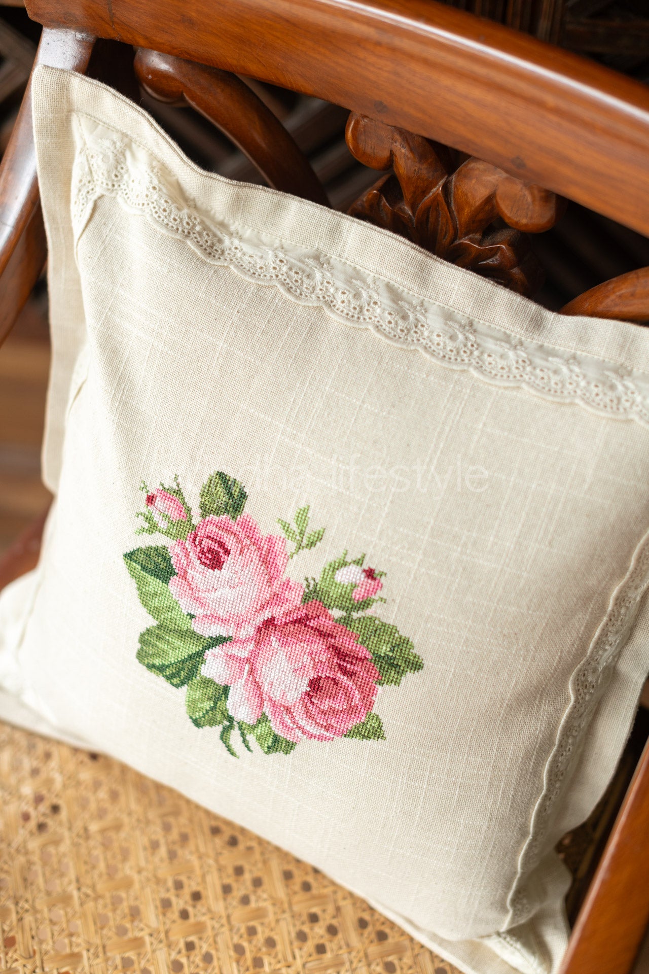 Cotton cushion cover with cross stitch embroidery and lace detailing-Single unit- 16x16 inches( Customisable)