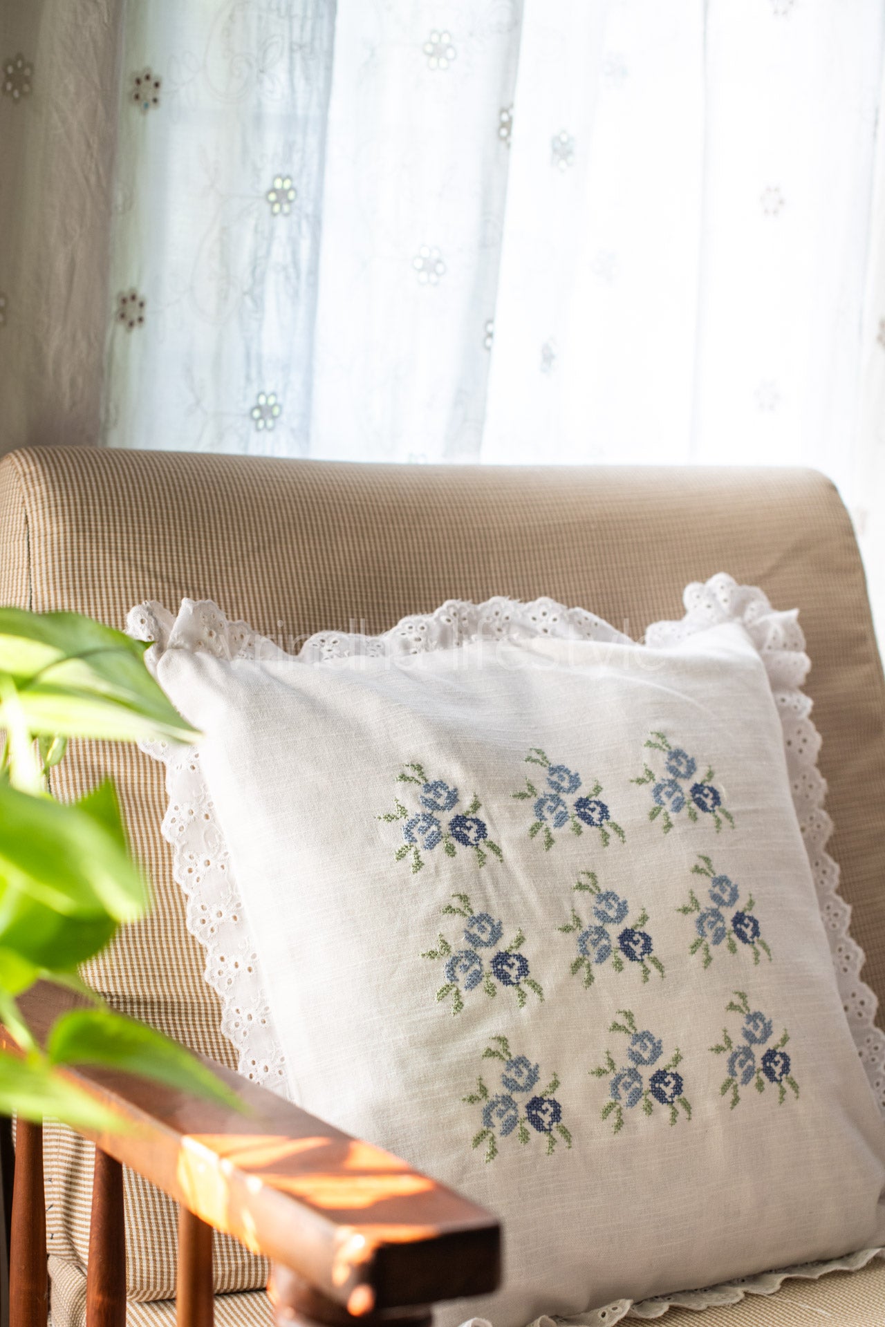 cotton cushion cover with embroidery and lace detailing -Single unit- 16x16 inches( Customisable)