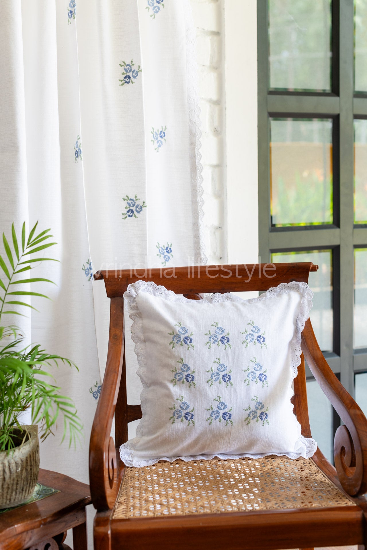 COTTON OPAQUE CURTAINS with cross stitch embroidery and lace detailing -7 Feet-Single unit(Customisable )-Rod pocket curtain