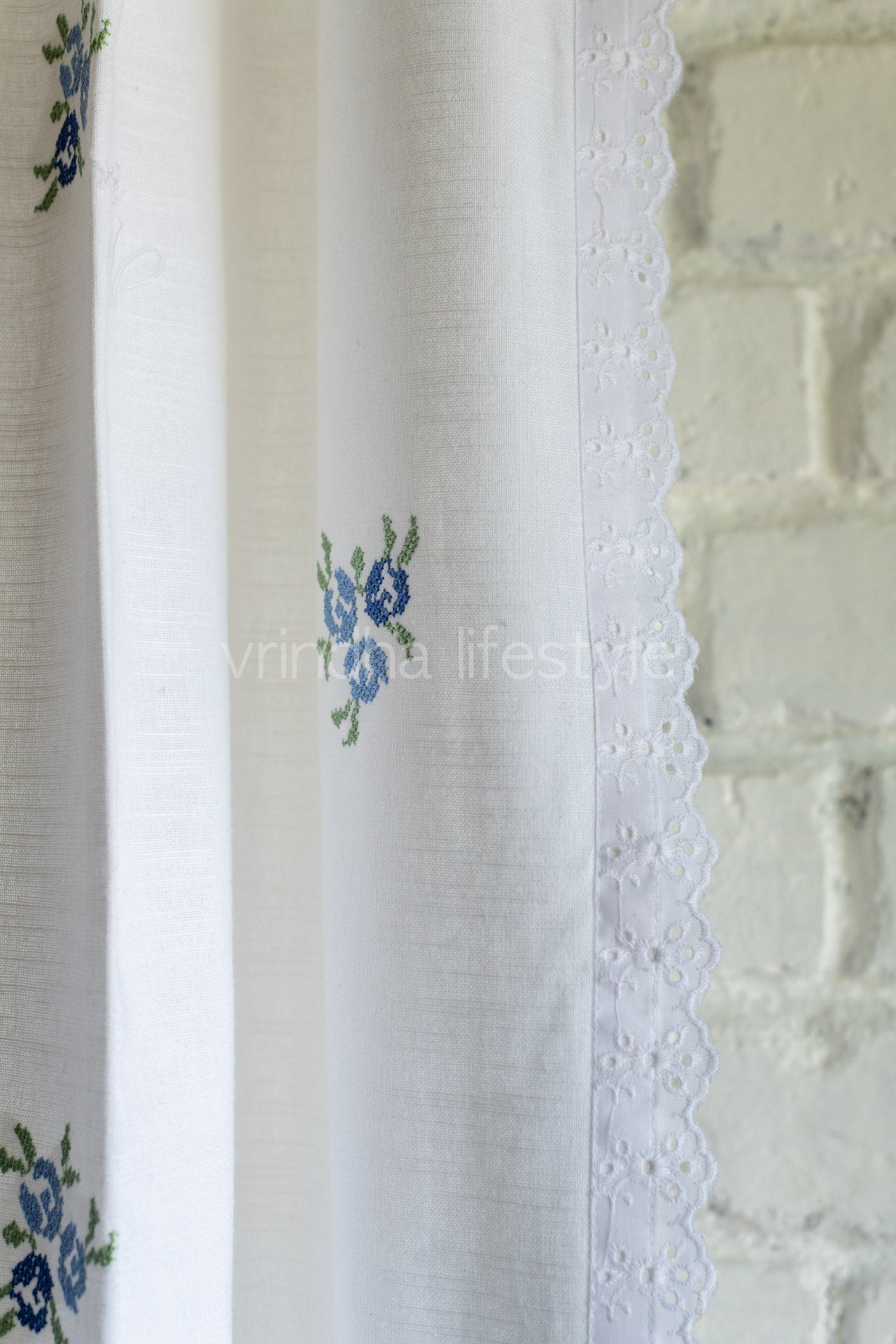 COTTON OPAQUE CURTAINS with cross stitch embroidery and lace detailing -7 Feet-Single unit(Customisable )-Rod pocket curtain