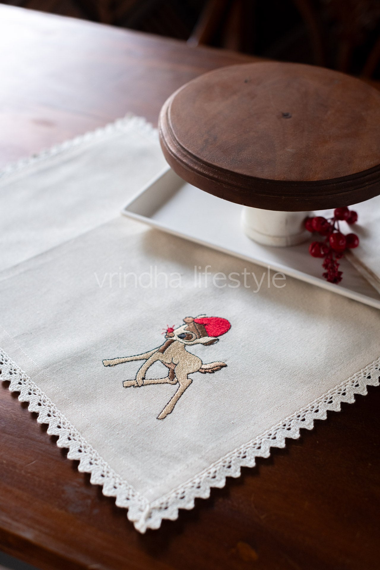 Cotton tray mat with embroidery and lace detailing-customisable