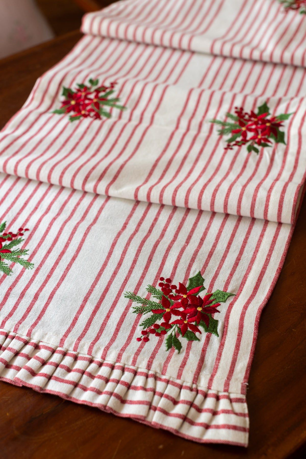 Cotton table runner with embroidery and frill detailing 14x62 inches