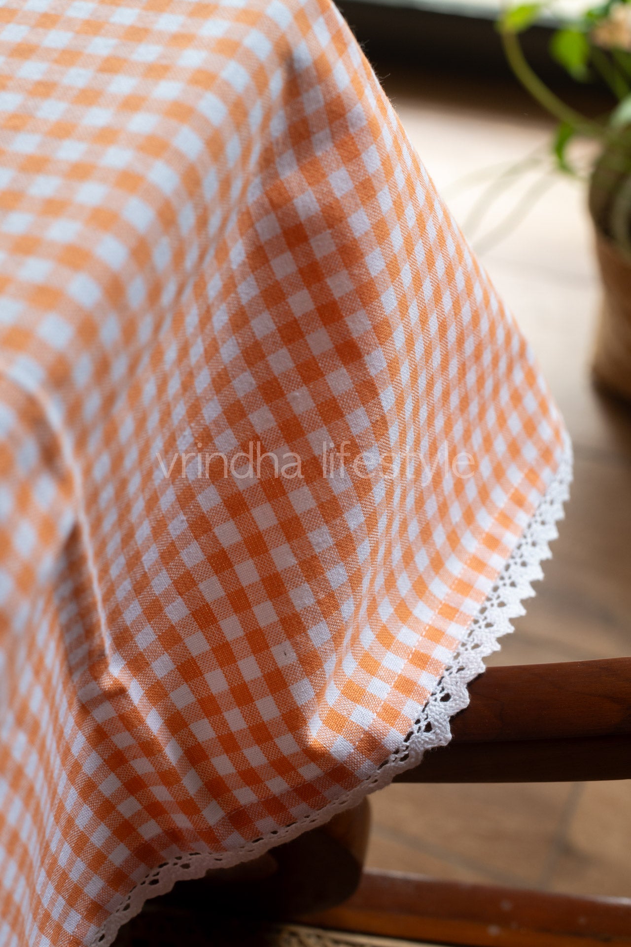 Woven checks table cloth with lace detailing -4/6 seater-customisable