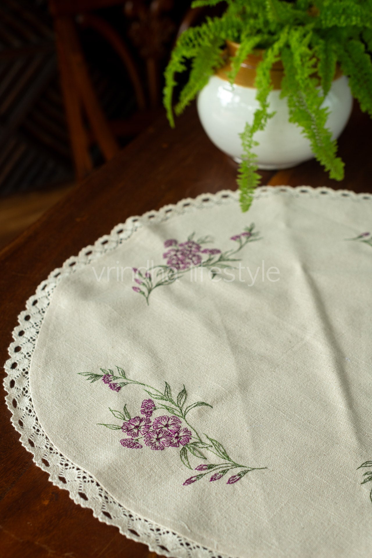 Round table mat with cross stitch embroidery and lace detailing-20 inches