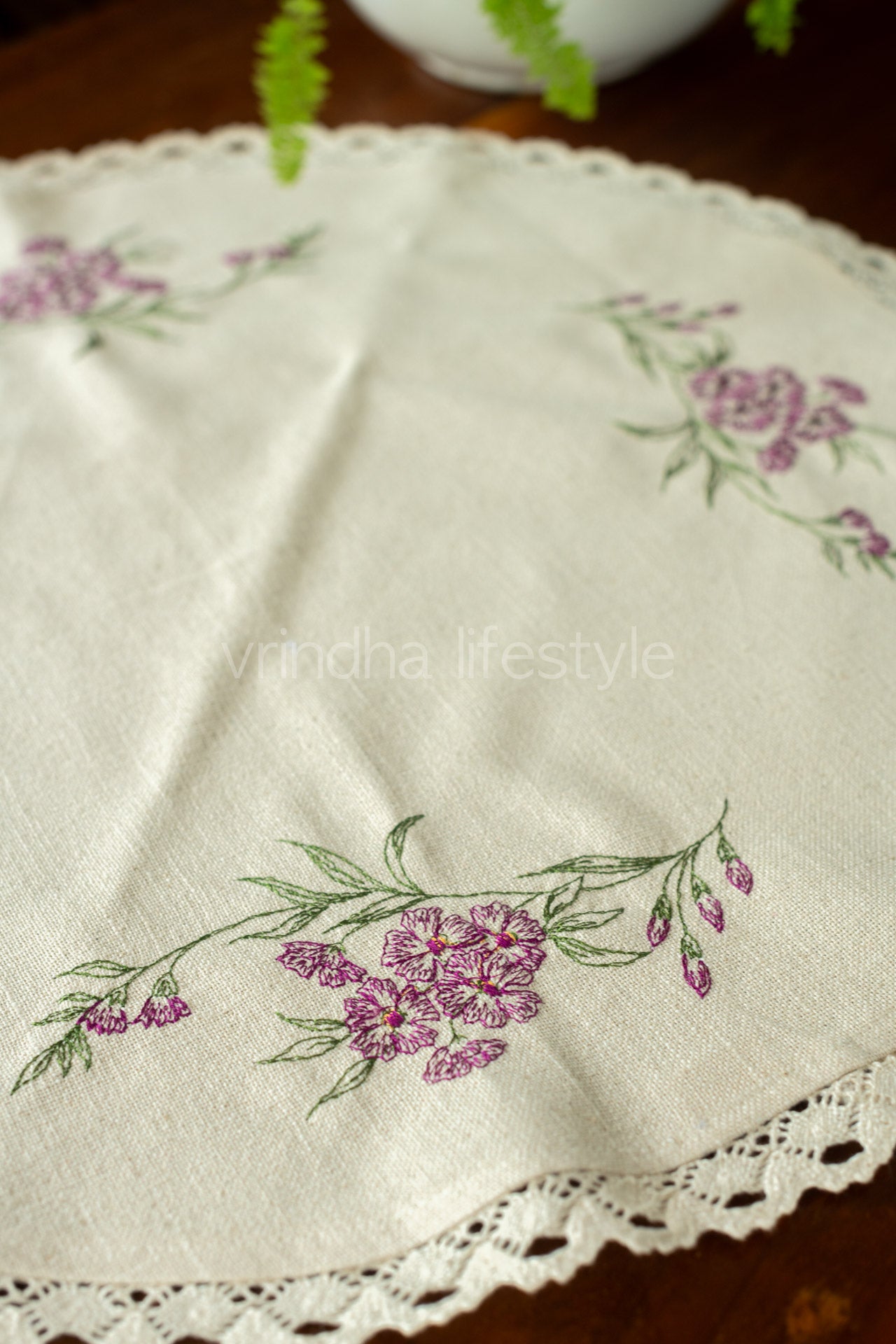 Round table mat with cross stitch embroidery and lace detailing-20 inches