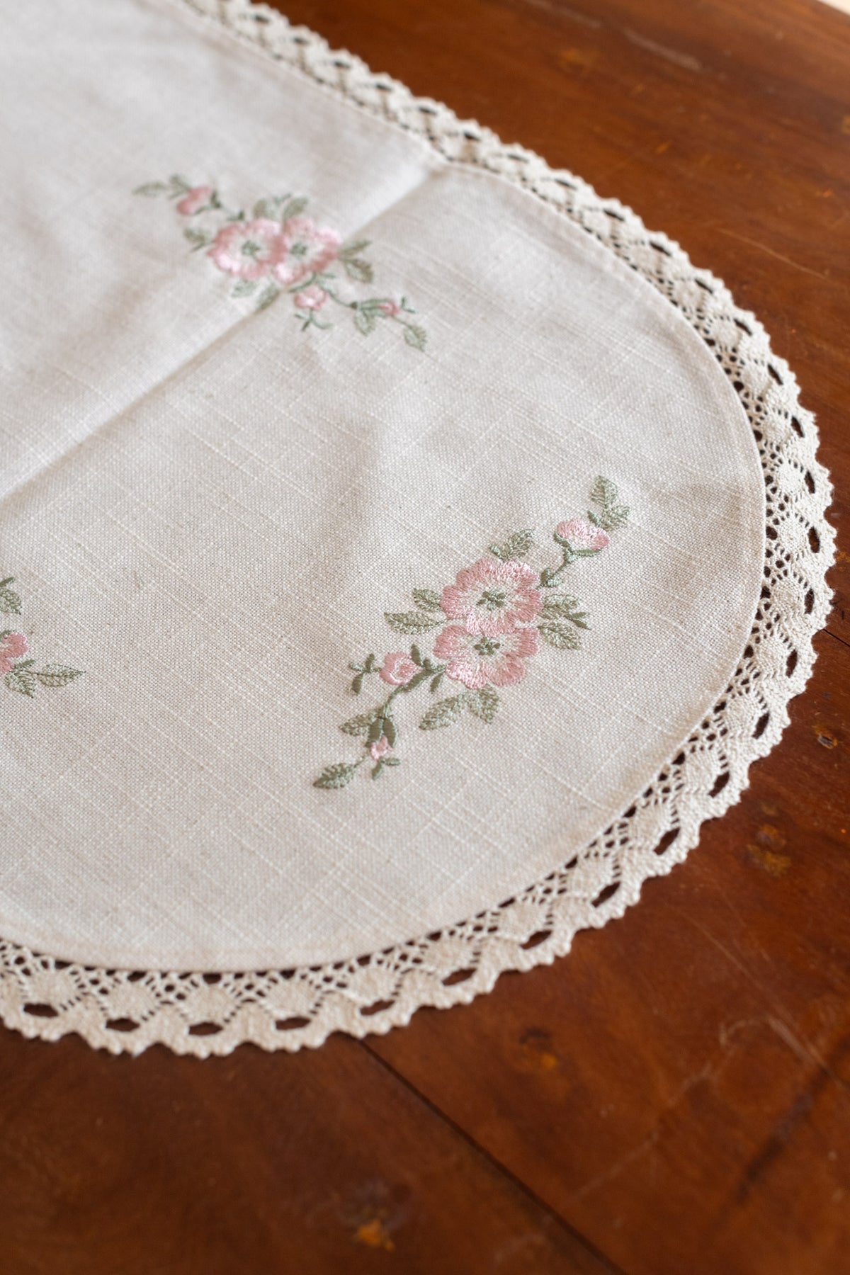 Cotton table runner with embroidery and lace detailing -13x41 inches-customisable