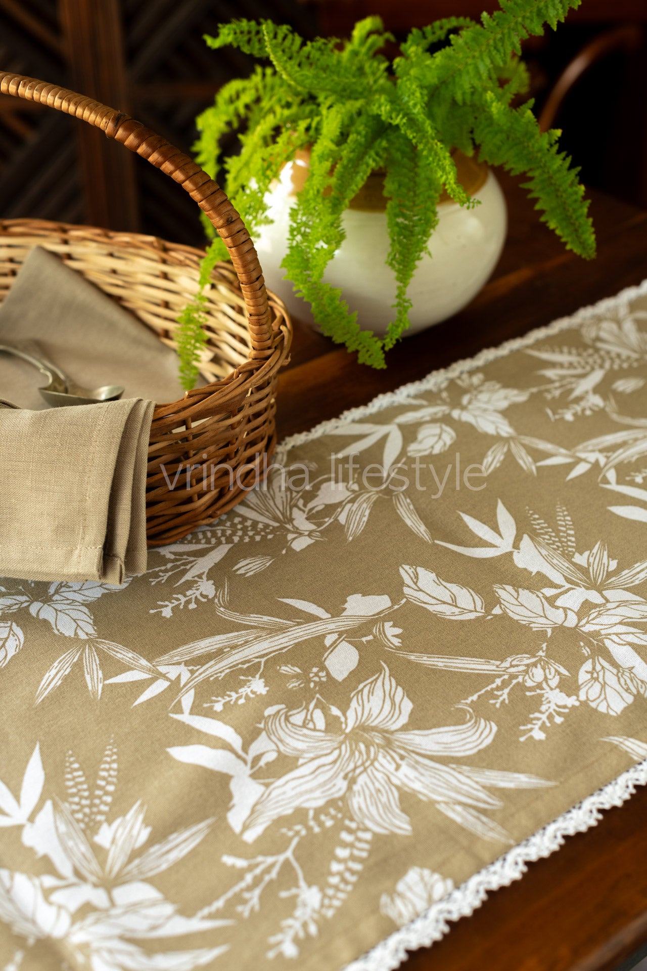 Printed cotton table runner with lace detailing-12.5x100 - inches -8 seater -customisable