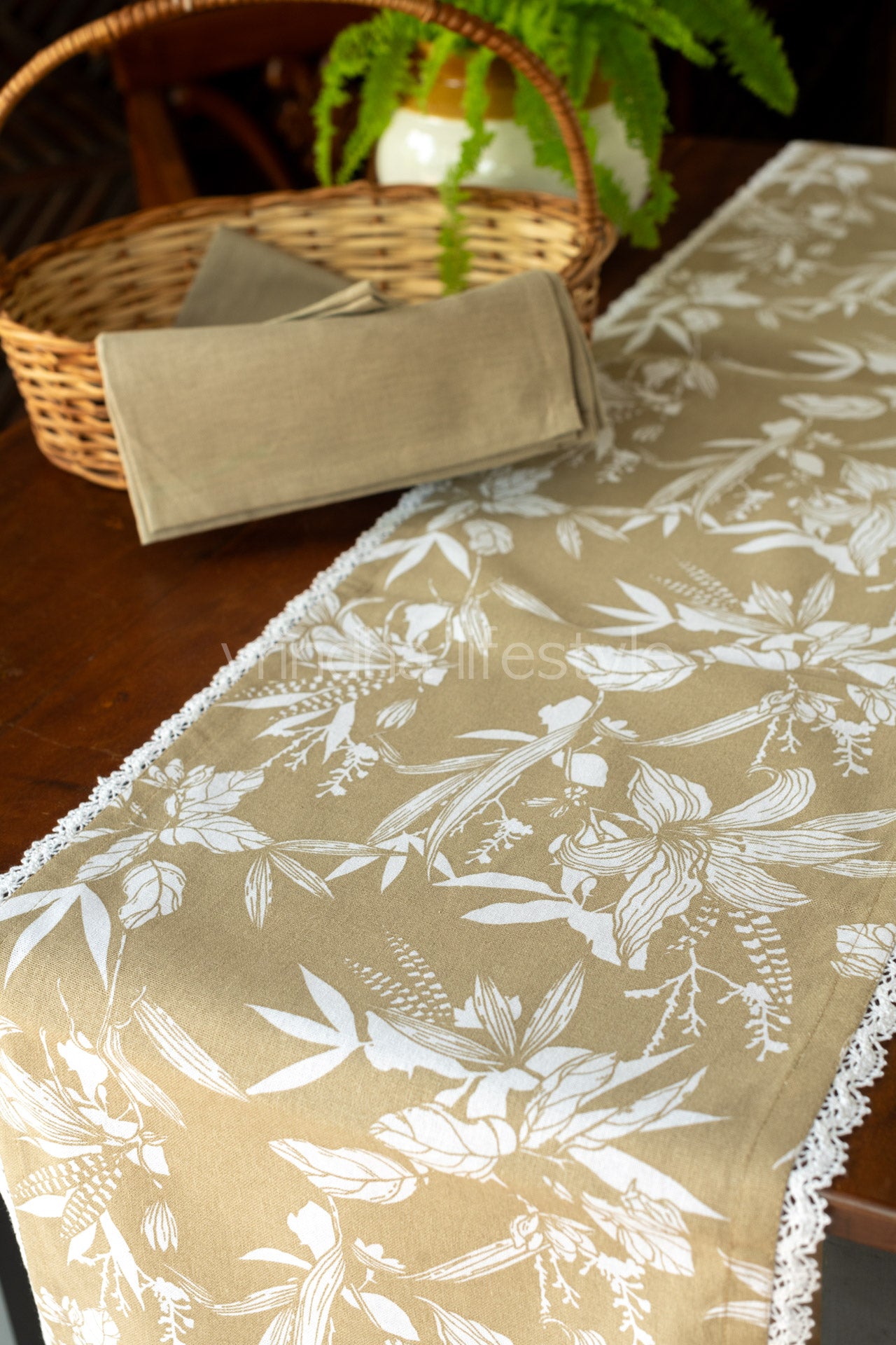 Printed cotton table runner with lace detailing-12.5x100 - inches -8 seater -customisable